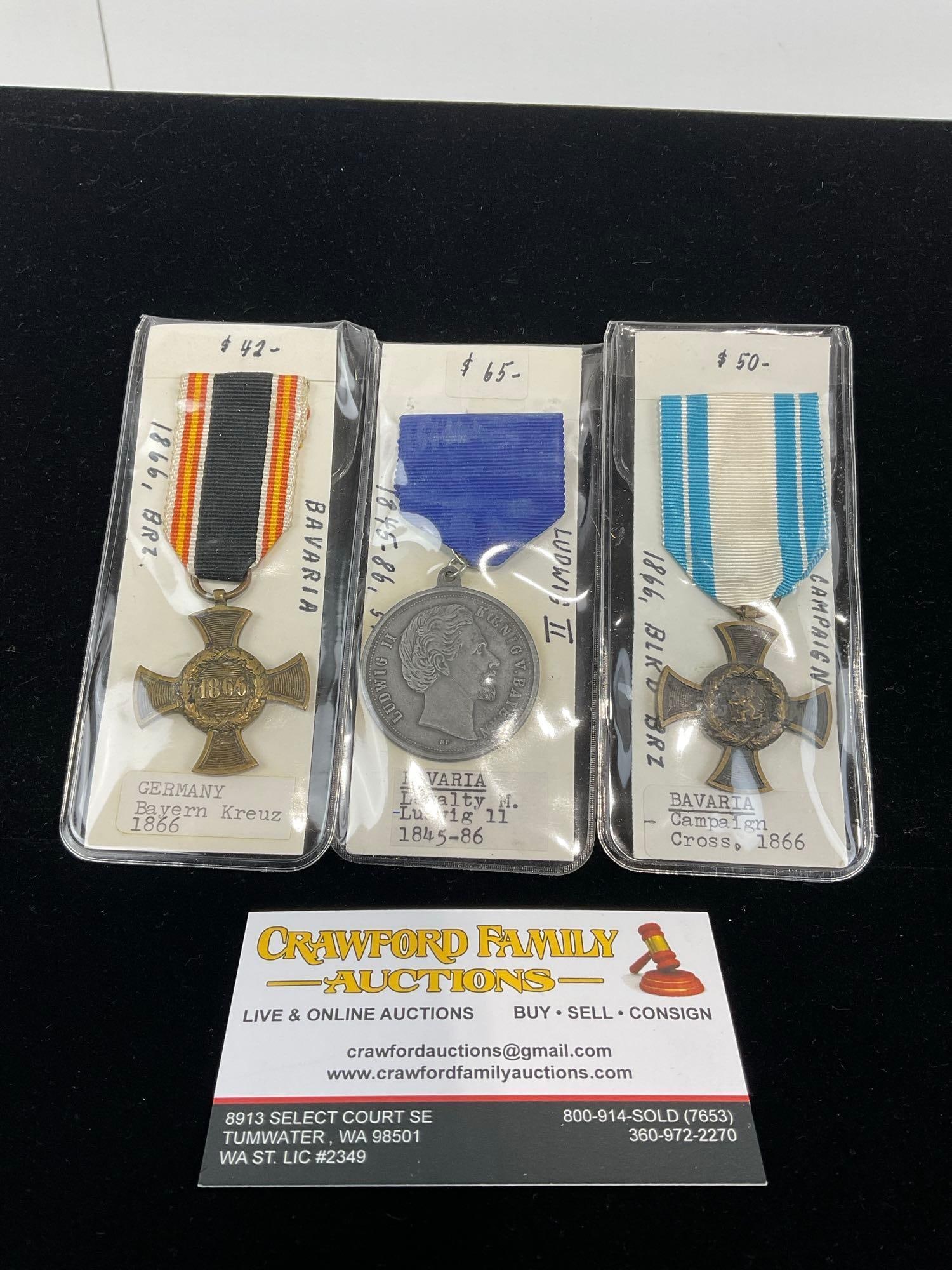 Set of 3 German-Bavarian Medals, Bayern Kreuz 1866, Campaign Cross 1866 & Loyalty Ludwig II 1845-86 (1 of 4)