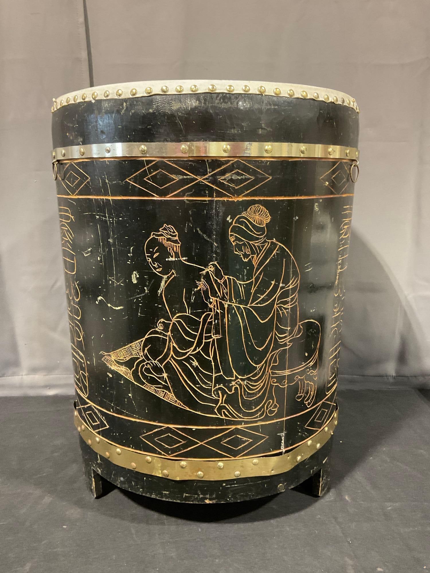 Unique Large Chinese Drum, Black Painted Wood, Stretched Leather Head, 25h x 19w x 19d inches (1 of 5)