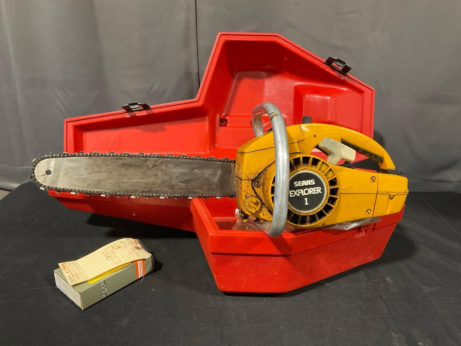 Vintage Sears Explorer I Chainsaw Model no. 358.352240 in Molded Plastic Case, untested: Untested, sold as is. Appears to be in fair shape, needs some cleaning and servicing. The piece measures approx 12h x 28w x 12d inches. See pics. E-5300 *Oversized shipping may apply*