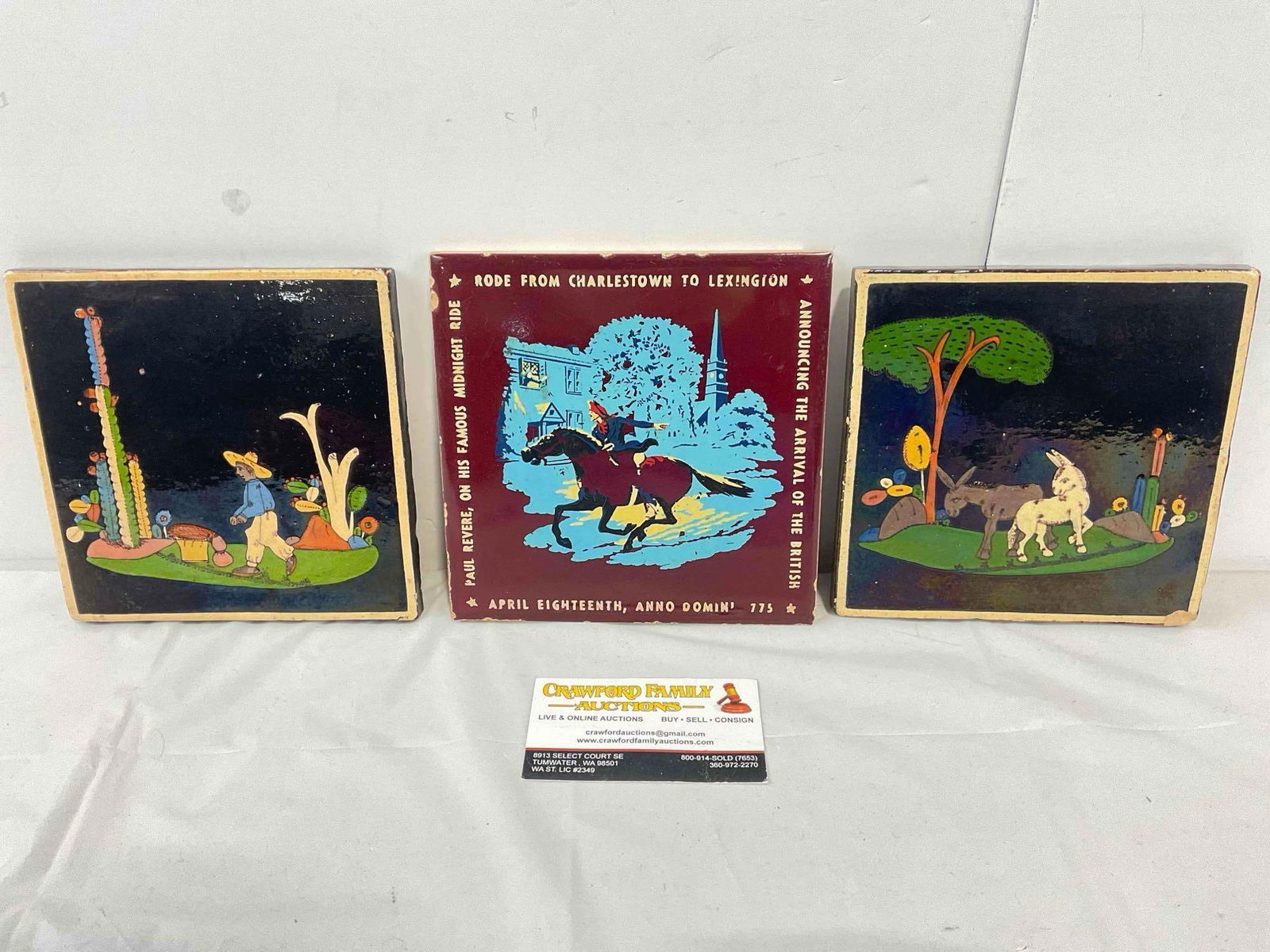 3 Painted Tiles, Pair of Colorful Mexican Pieces & Paul Revere 1775 Fateful Ride, 7 x 7 inches: Appears to be in good shape. The piece measures approx 2h x 7w x 7d inches. See pics. E-5180
