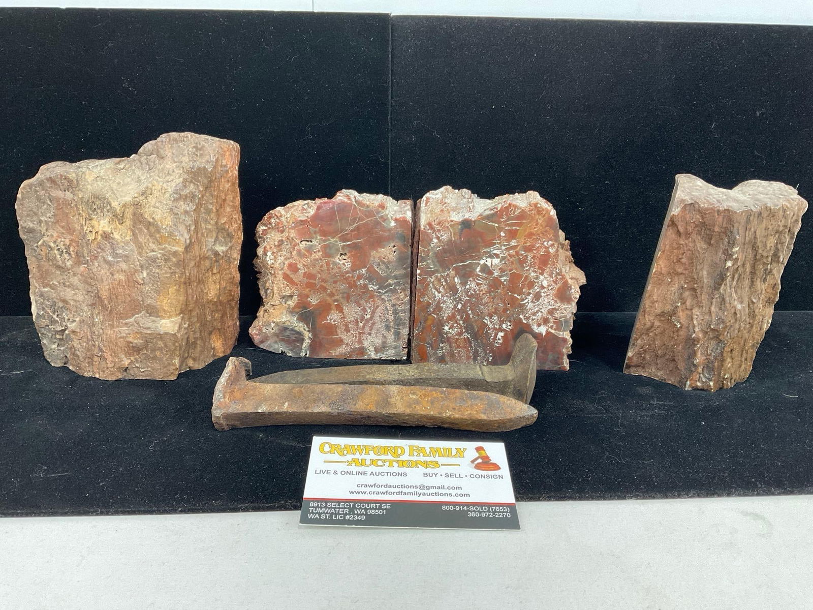 2 Pairs of Stone Bookends, Red Stone & 2 Railroad Spikes, 6h x 11w x 7d inches: Appears to be in good shape. The pieces measures approx 6h x 11w x 7d inches. See pics. E-5180