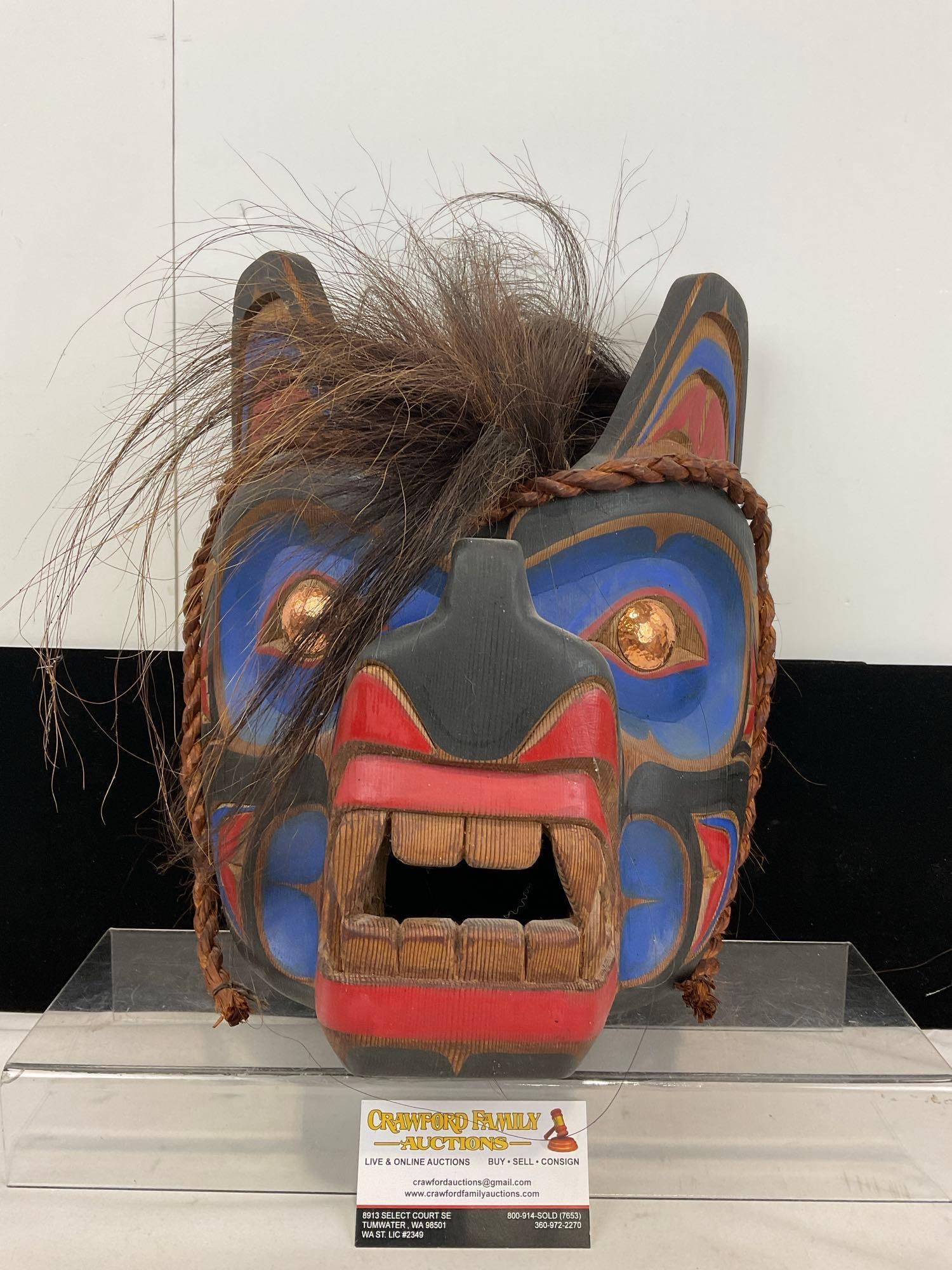 Canadian First Nations Northwest Coast Handcarved & Painted Bear Mask, 2000, signed Elton LaFonta...: Elton LaFontaine born in the Cree Nation of Regina, Saskatchewan, Canada. This is Signed Elton LaFontaine, 2000, Vancouver BC. Looks to be horse hair on top. Appears to be in good shape. The piece mea