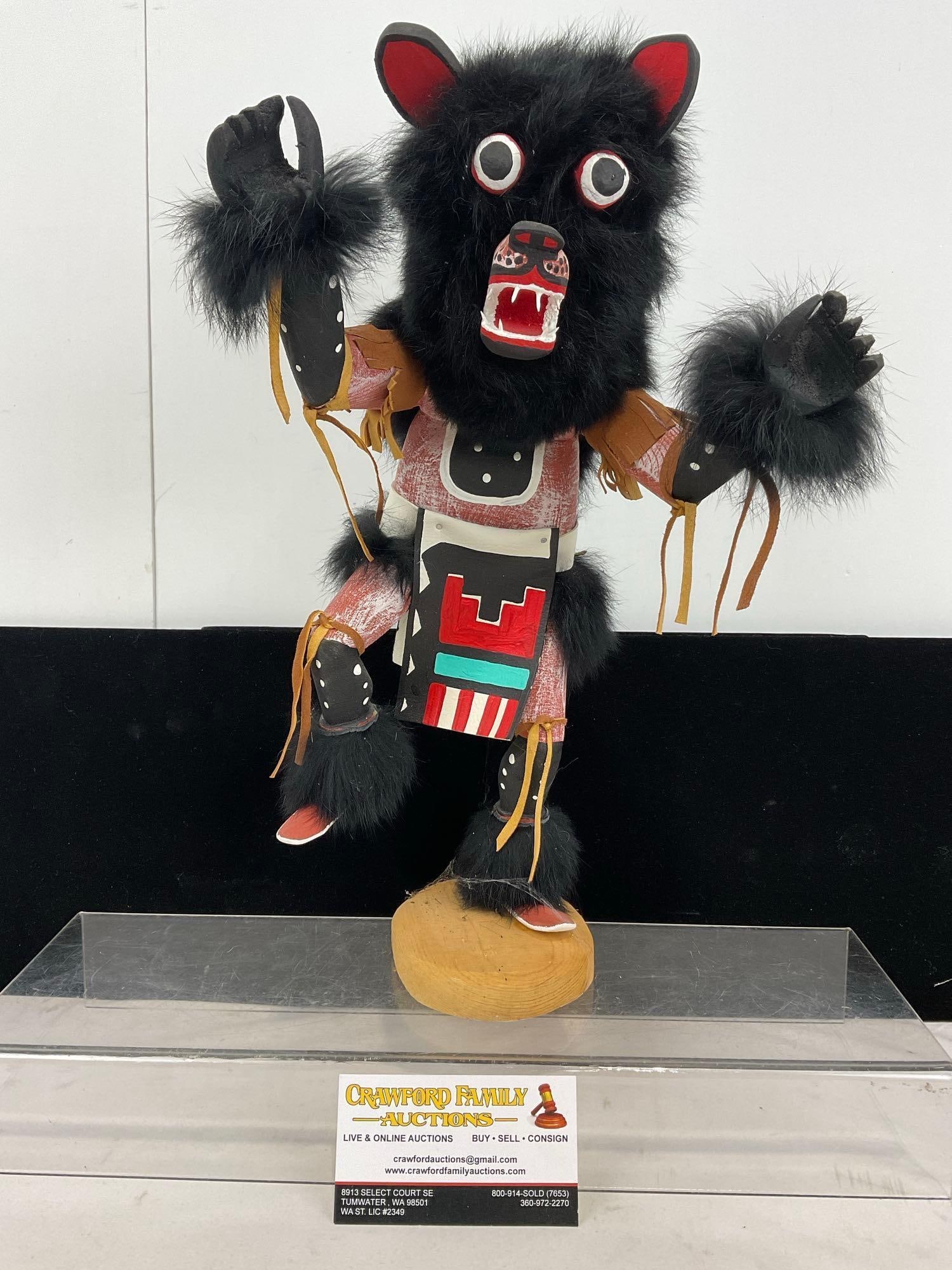 Bear Figural Native American Kachina Doll, Handmade, Wooden Base, 16h x 10w x 8d inches (1 of 5)