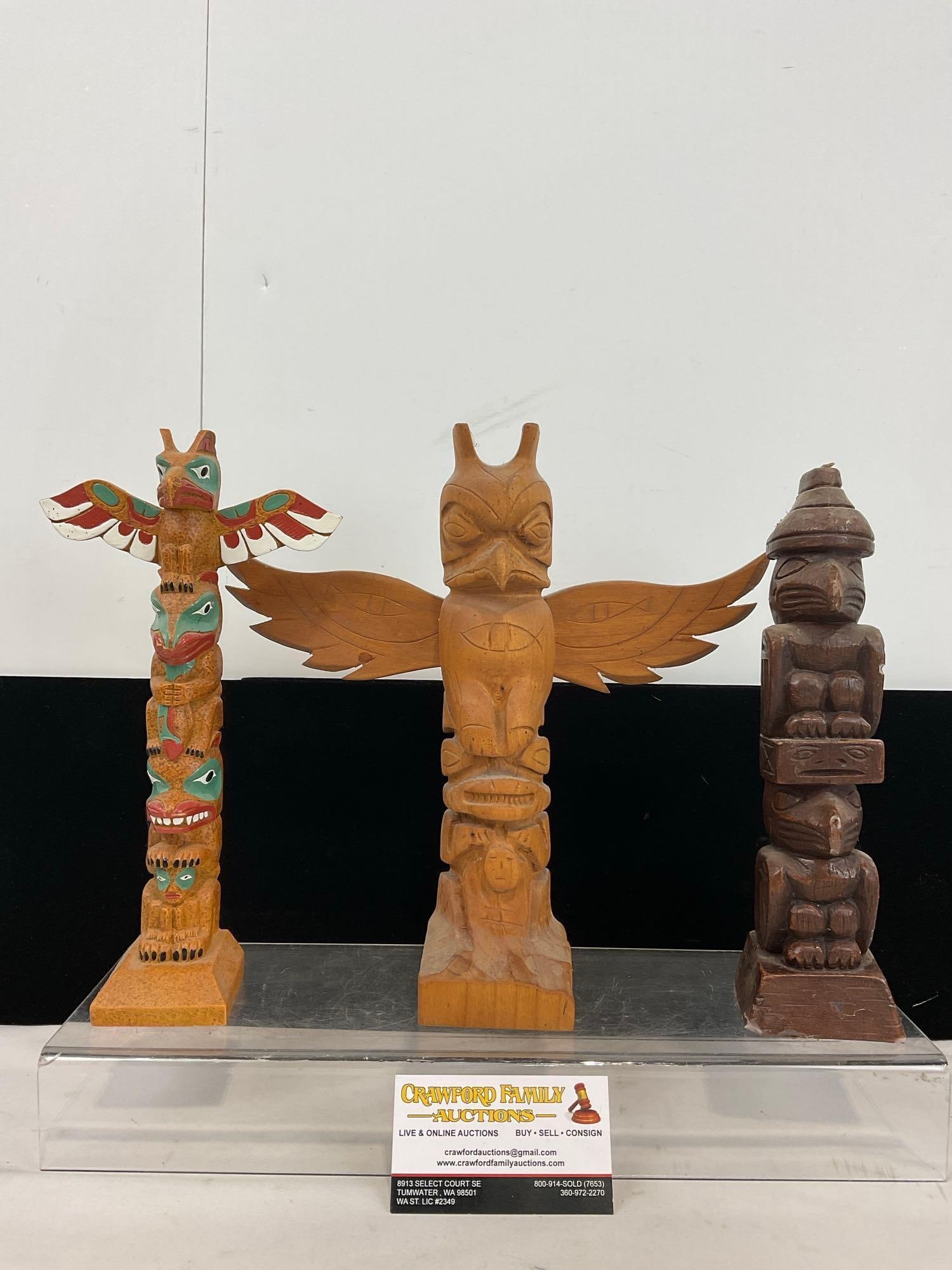 Set of 3 Mini Totem Poles, Handcarved Wood, Composite, & more, Thunderbird, & more Figures (1 of 6)