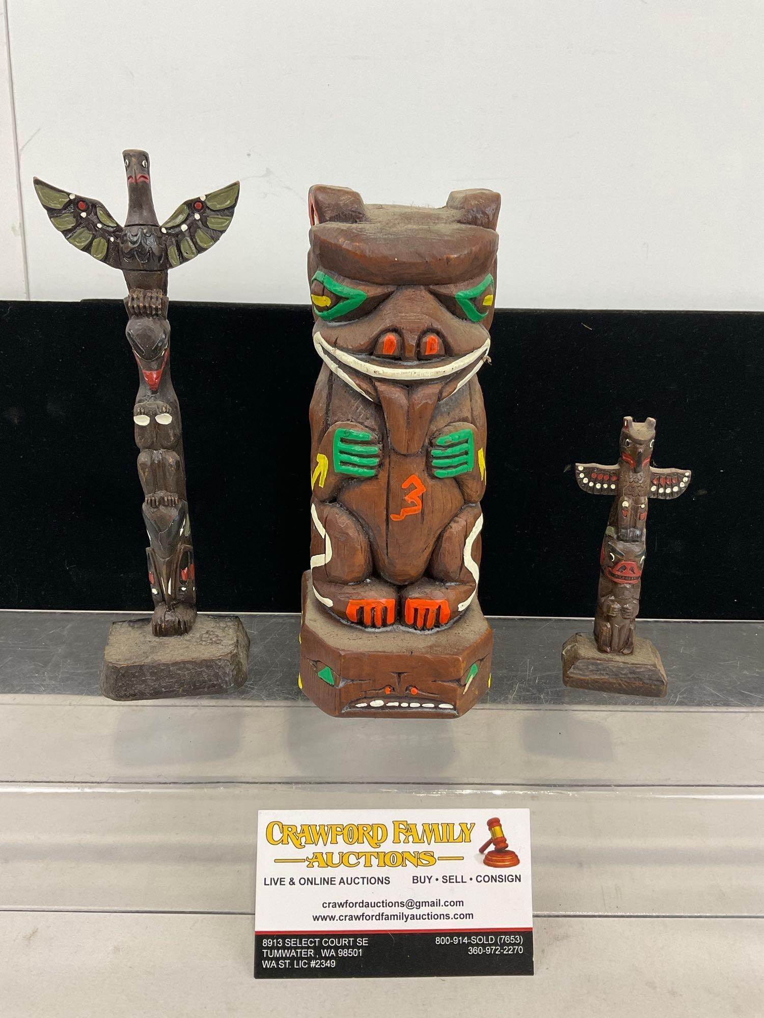 3 Totem Pole Figures, Handcarved Wood & Pair of Canada by Boma Composite, all together, 9h x 4w x... (1 of 5)