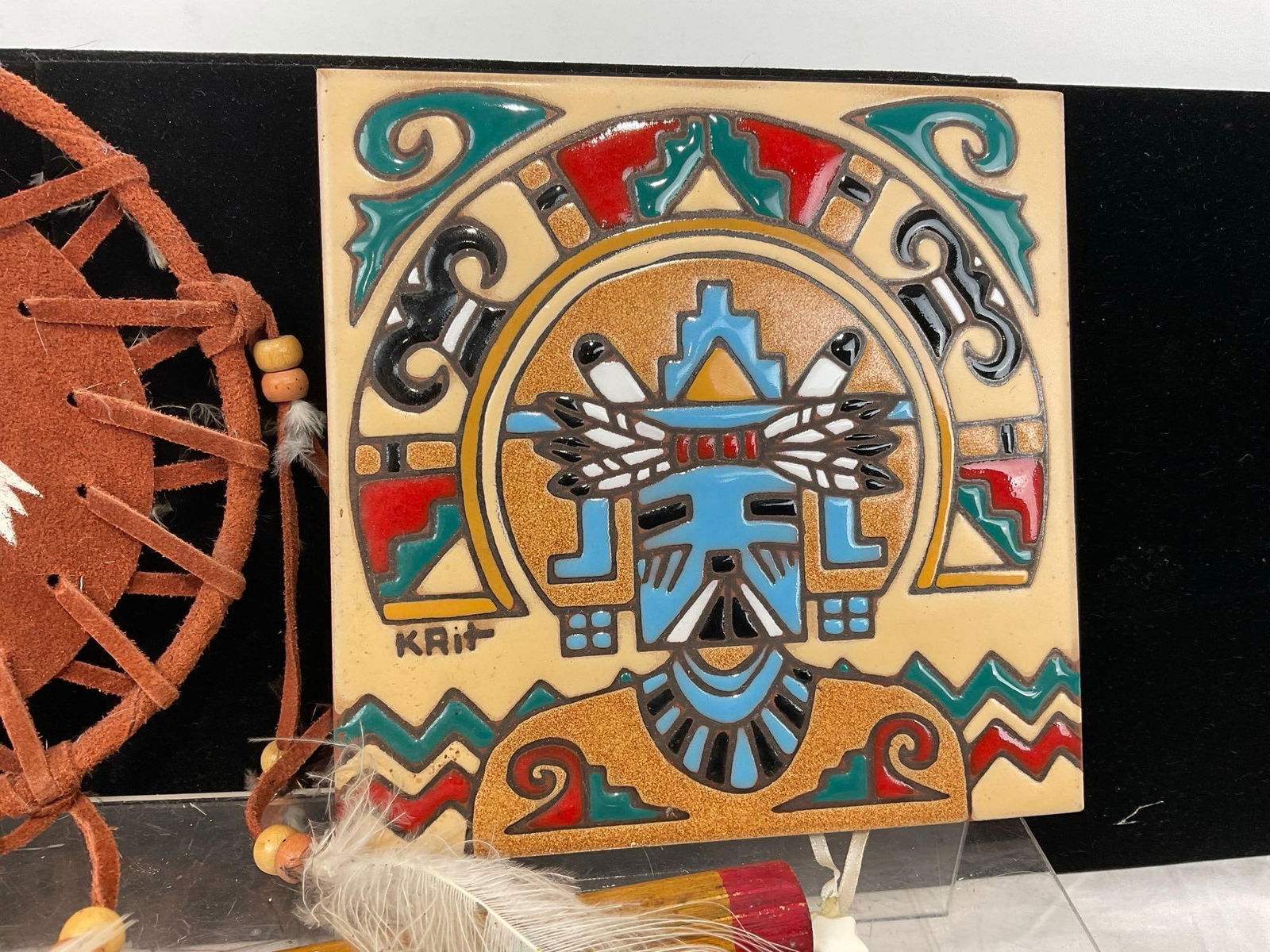 Handpainted Kachina Tile, Leather & Plastic Dreamcatchers, & Native style Flute - 2