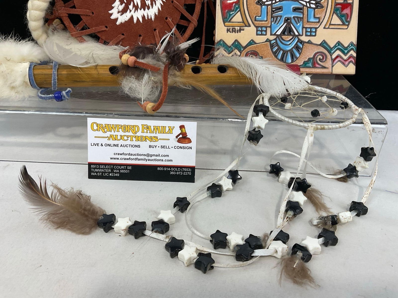 Handpainted Kachina Tile, Leather & Plastic Dreamcatchers, & Native style Flute - 4