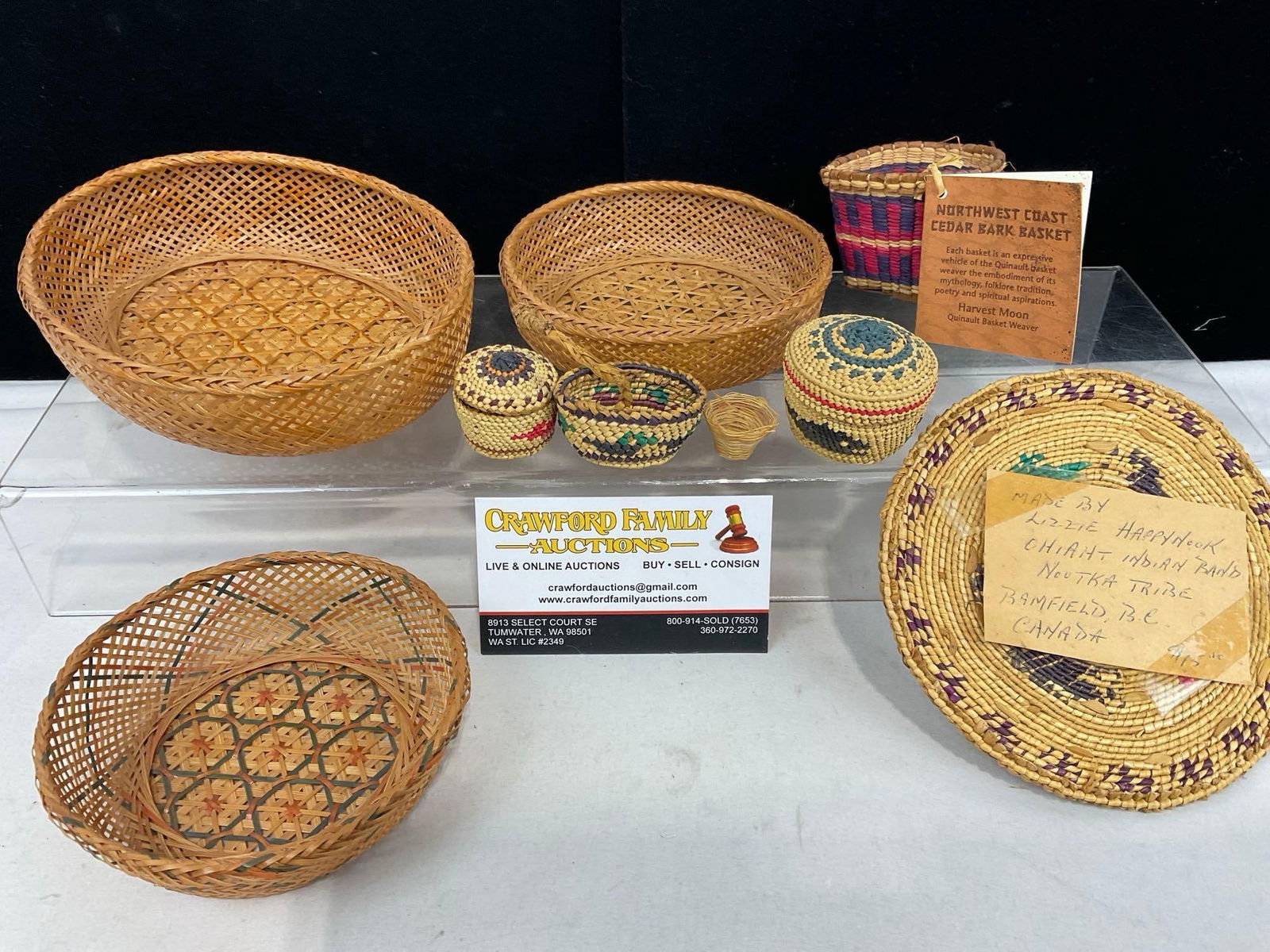 Collection of 9 Tiny Baskets, First Nations & Native American, Lizzie Happyhook, Quinault Cedar B...: Appears to be in good shape. The piece measures approx 4h x 7w x 6d inches. See pics. E-5300 