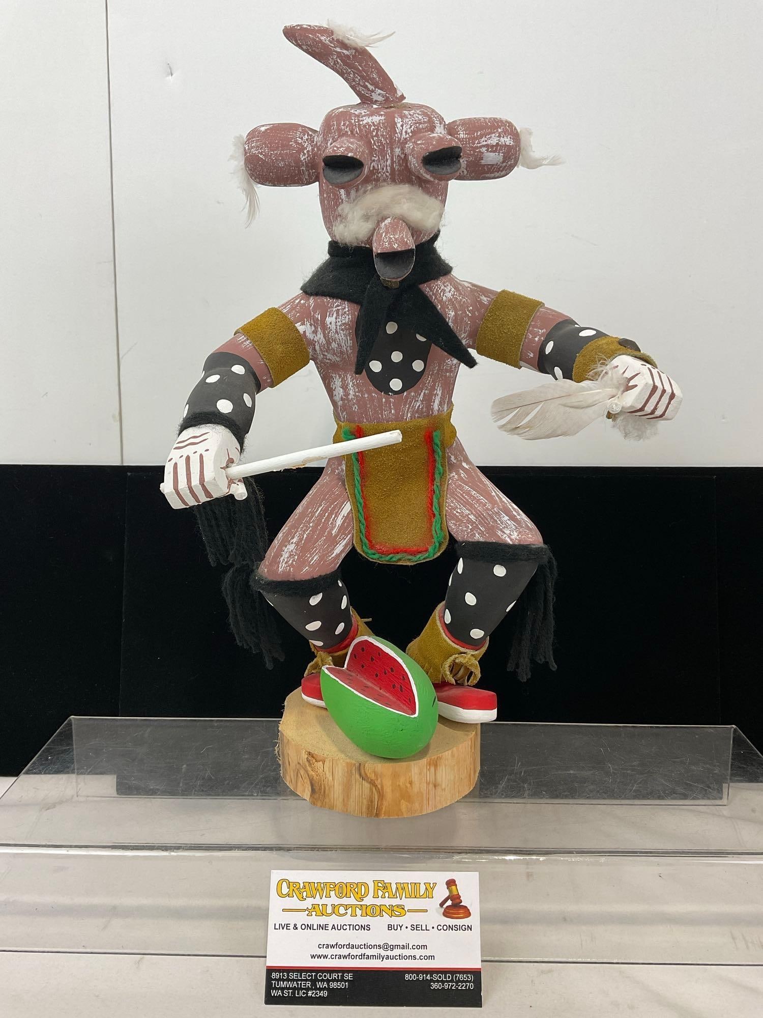 Handmade Native American Kachina Doll, titled Mudhead, signed J.M, 15h x 8w x 7d inches (1 of 6)