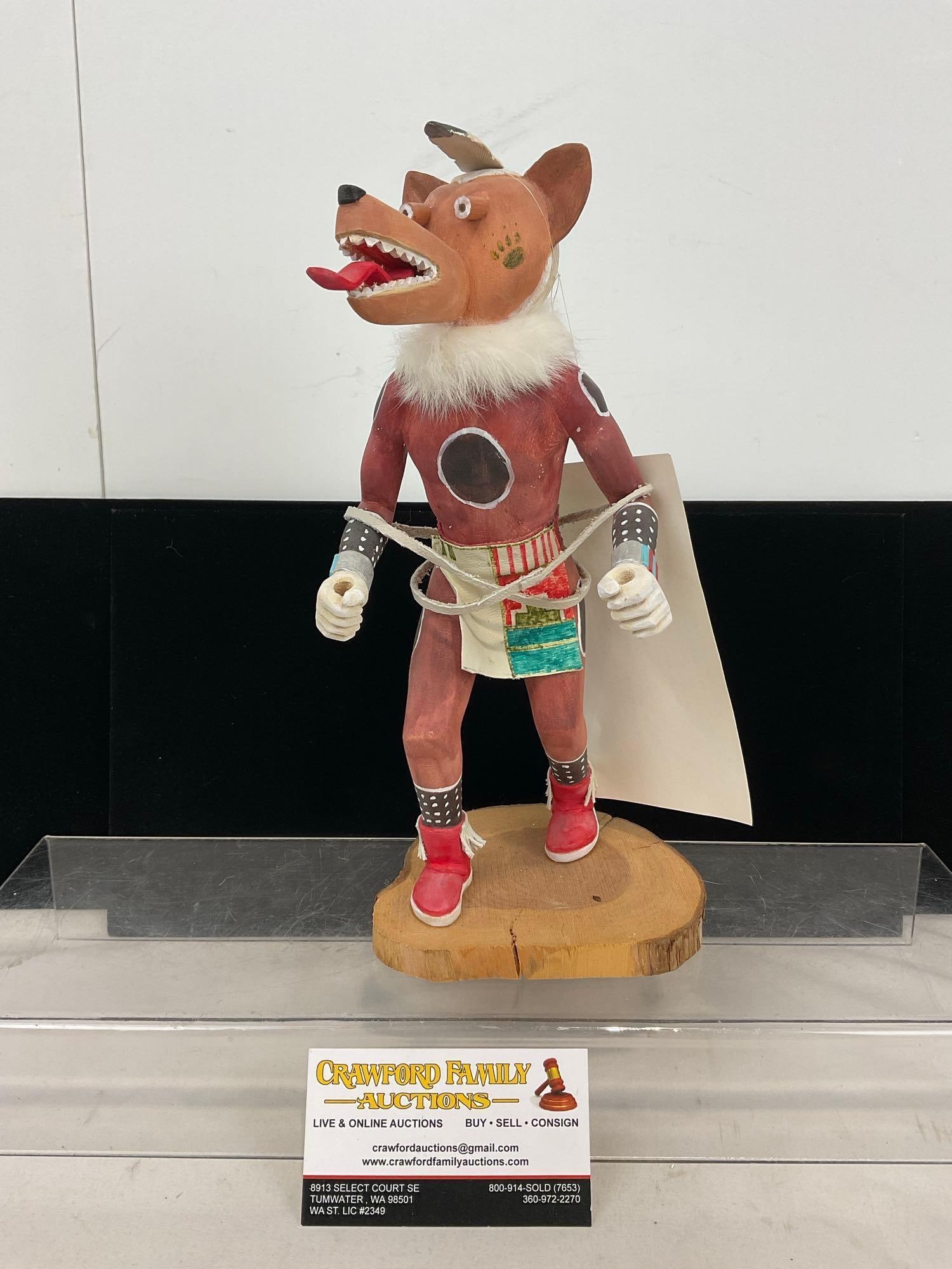 Handmade Native American Kachina Doll, Kweo Wolf Kachina, signed Russell M., 12h x 6w x 6d inches: Written on the bottom, Kweo Wolf Kachina 11-7-96, Russell M. Kit. Appears to be in good shape. The piece measures approx 12h x 6w x 6d inches. See pics. E-5320 