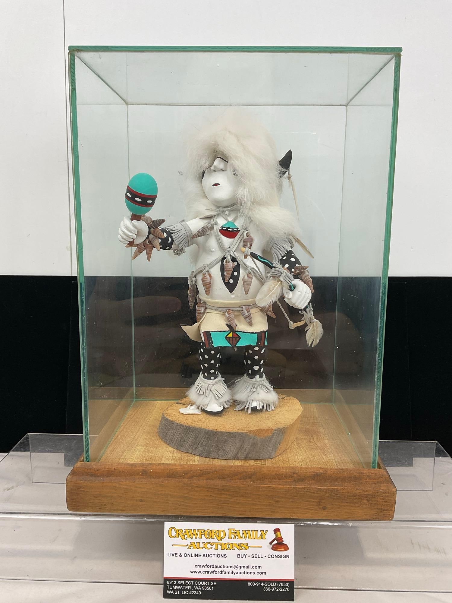 Handmade Native American Kachina Doll, titled White Buffalo, signed Hobbs, Glass & Wood Display Box: Appears to be in good shape. The piece measures approx 13h x 10w x 8d inches. See pics. E-5320 