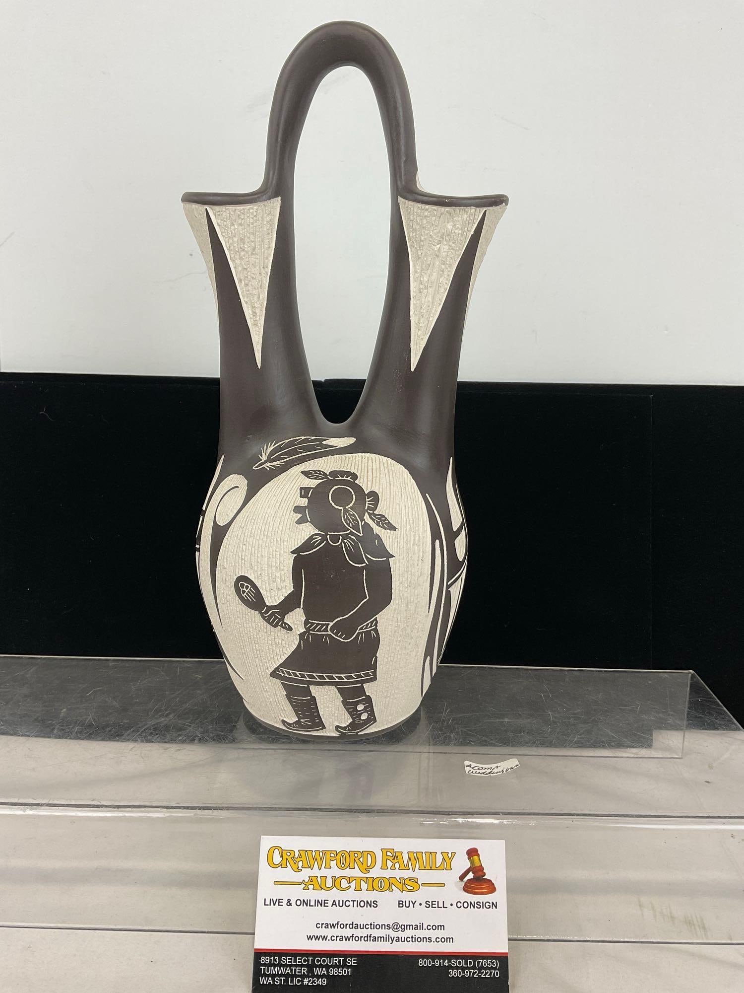 Native American Wedding Vase, Sgraffito Black/White, Signed A&V Lucario, Laguna, NM, 12h x 8w x 8d: Appears to be in good shape. The piece measures approx 12h x 8w x 8d inches. See pics. E-5320 