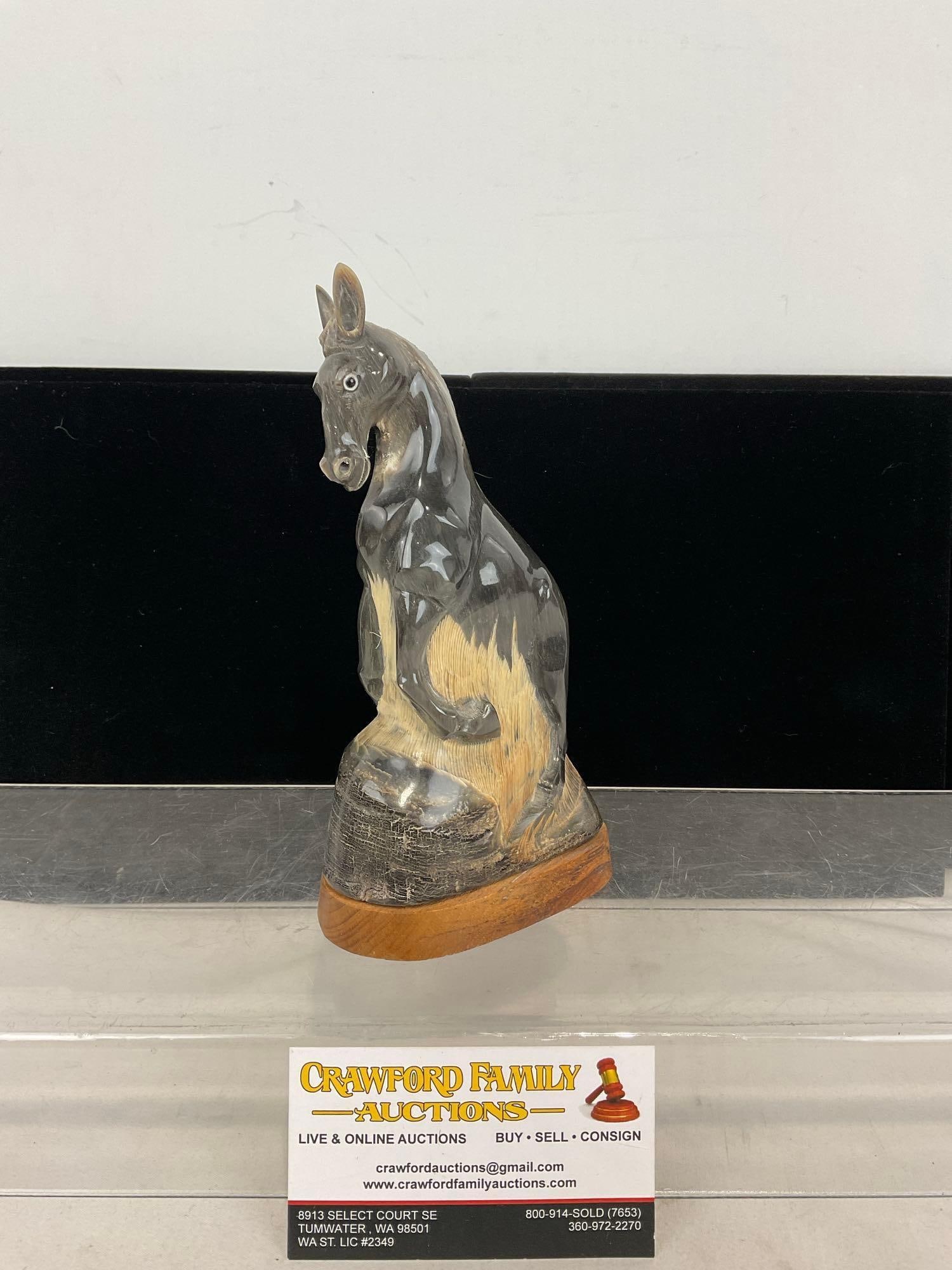 Handcarved Cow Horn Horse Statue, Signed B Stein, 8h x 5w x 4d inches, Eugene Oregon: Appears to be in good shape. The piece measures approx 8h x 5w x 4d inches. See pics. E-5320 