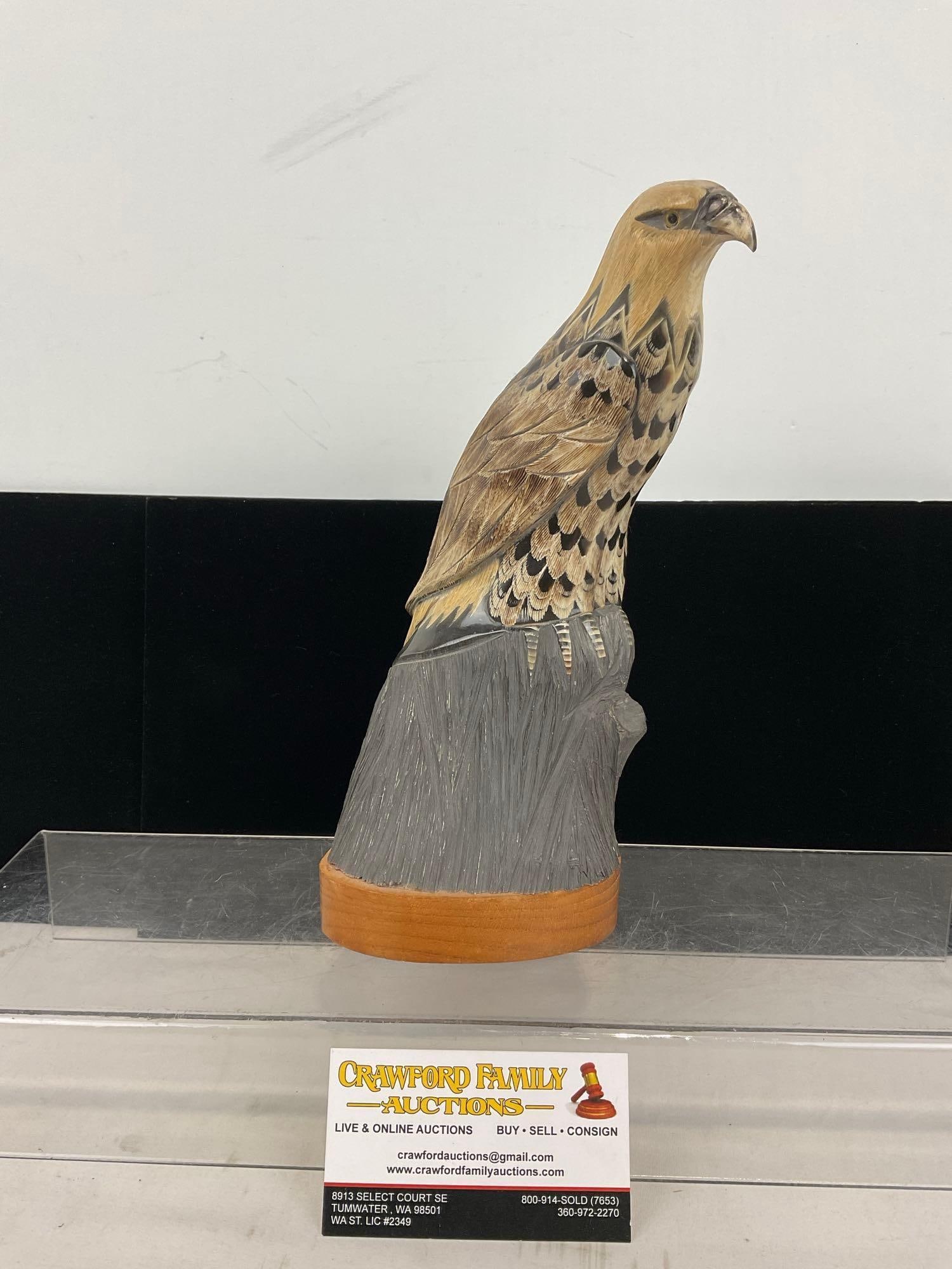 Handcarved Cow Horn Eagle Statue, Signed B Stein, 11h x 7w x 5d inches, Eugene Oregon: Appears to be in good shape. The piece measures approx 11h x 7w x 5d inches. See pics. E-5320 