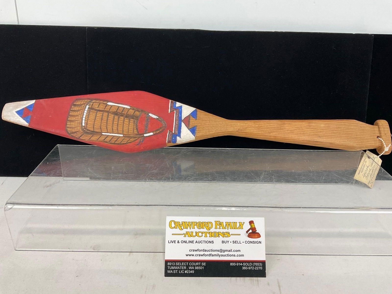 Native American Yurok Tribe, Carved/Painted Paddle, 19h x 4w x 2d inches, depiction of Basket: Appears to be in good shape. The piece measures approx 19h x 4w x 2d inches. See pics. E-5320