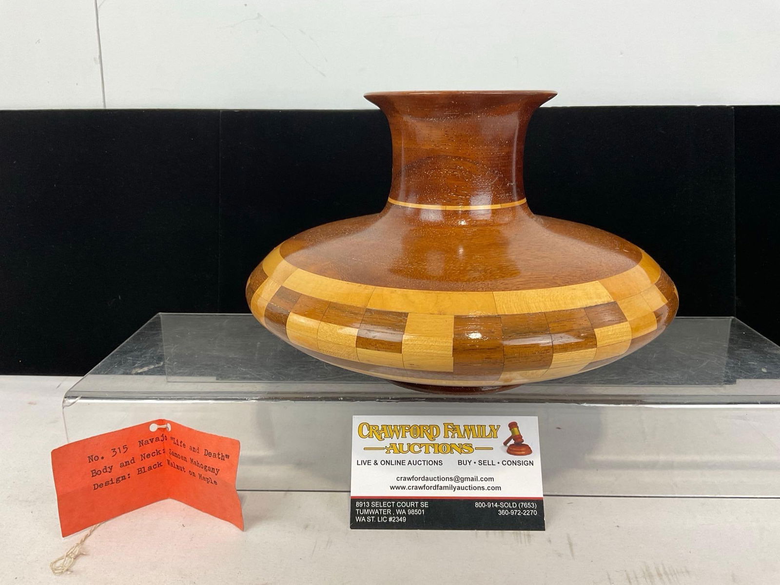 Signed Native American Pattern Wooden Vase, Artistry in Wood, 7h x 10w x 10d inches, variety of w...: Previously listed for 150 dollars. Signed by Artistry in Wood, J.W. Clem. Similar to the next, just shorter and wider. Comes with a pamphlet of some of the woods included to make this piece. Appears