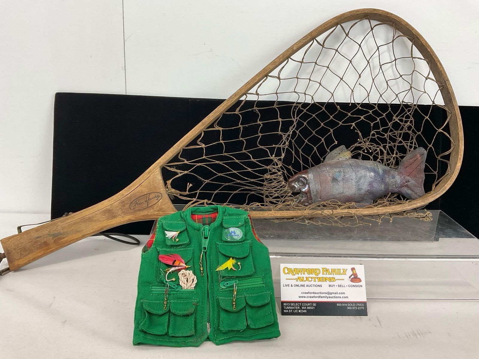Vintage Wooden Fishing Net, Raku Fired Pottery Fish, Mini Fishing Vest, 24h x 10w x 3d inches: Appears to be in good shape. The piece measures approx 24h x 10w x 3d inches. See pics. E-5320 