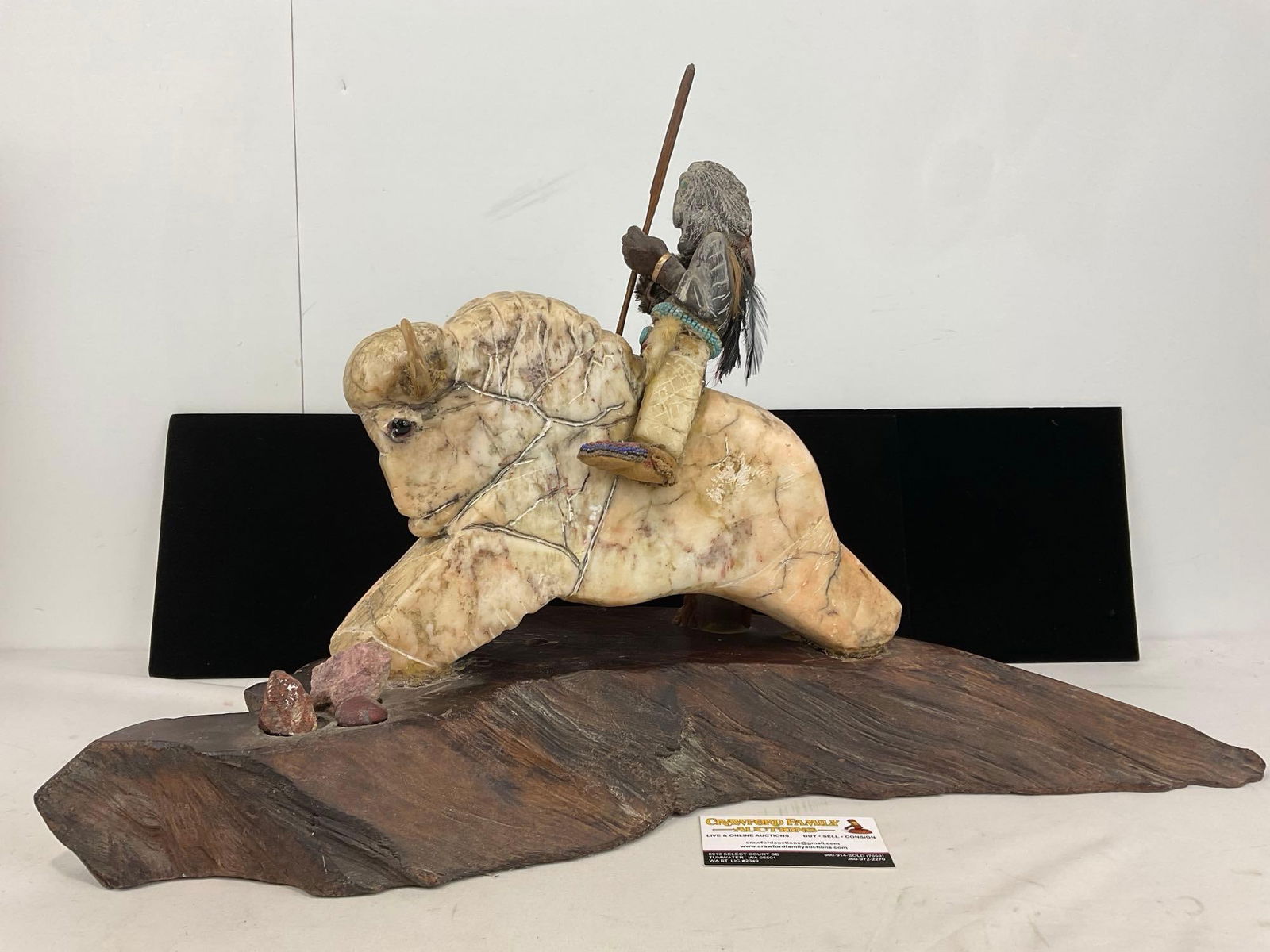 Native American Carved Alabaster ? Bison Figure w/ Rider. on Wood Slab Base, 16h x 27w x 13d inches (1 of 5)