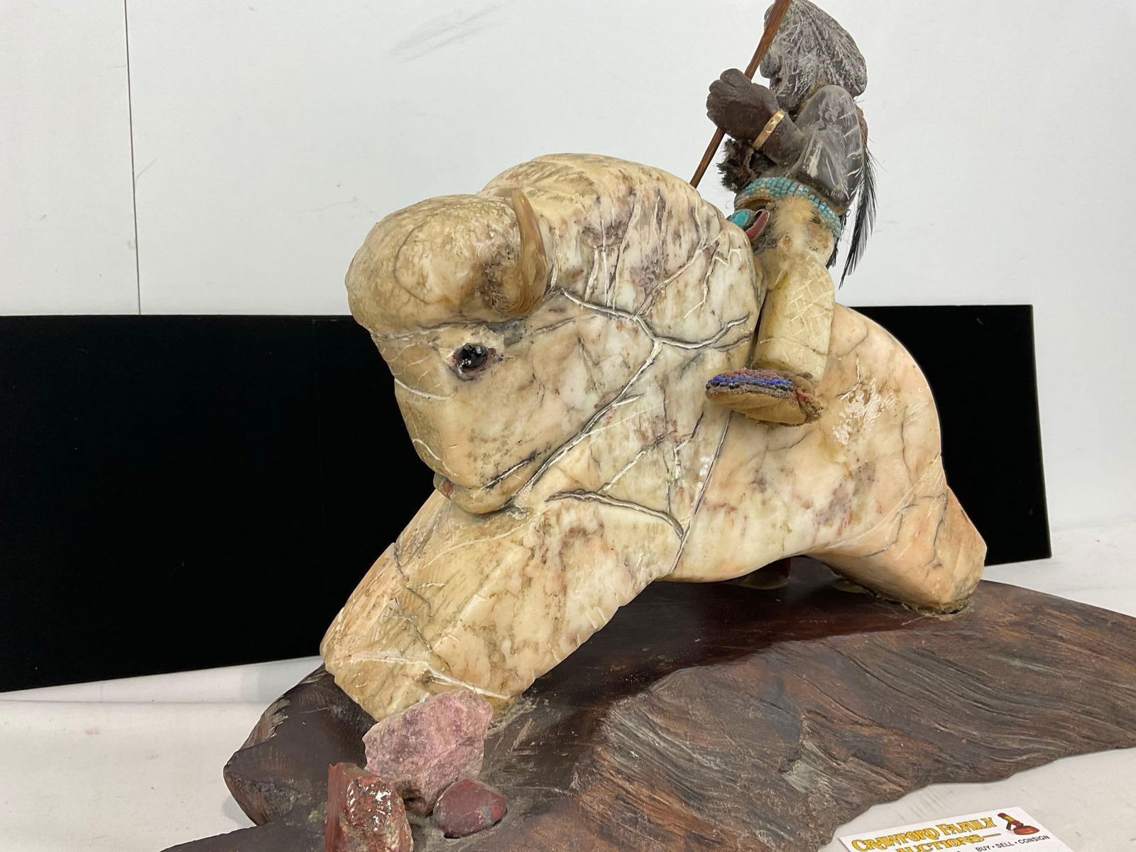 Native American Carved Alabaster ? Bison Figure w/ Rider. on Wood Slab Base, 16h x 27w x 13d inches - 2