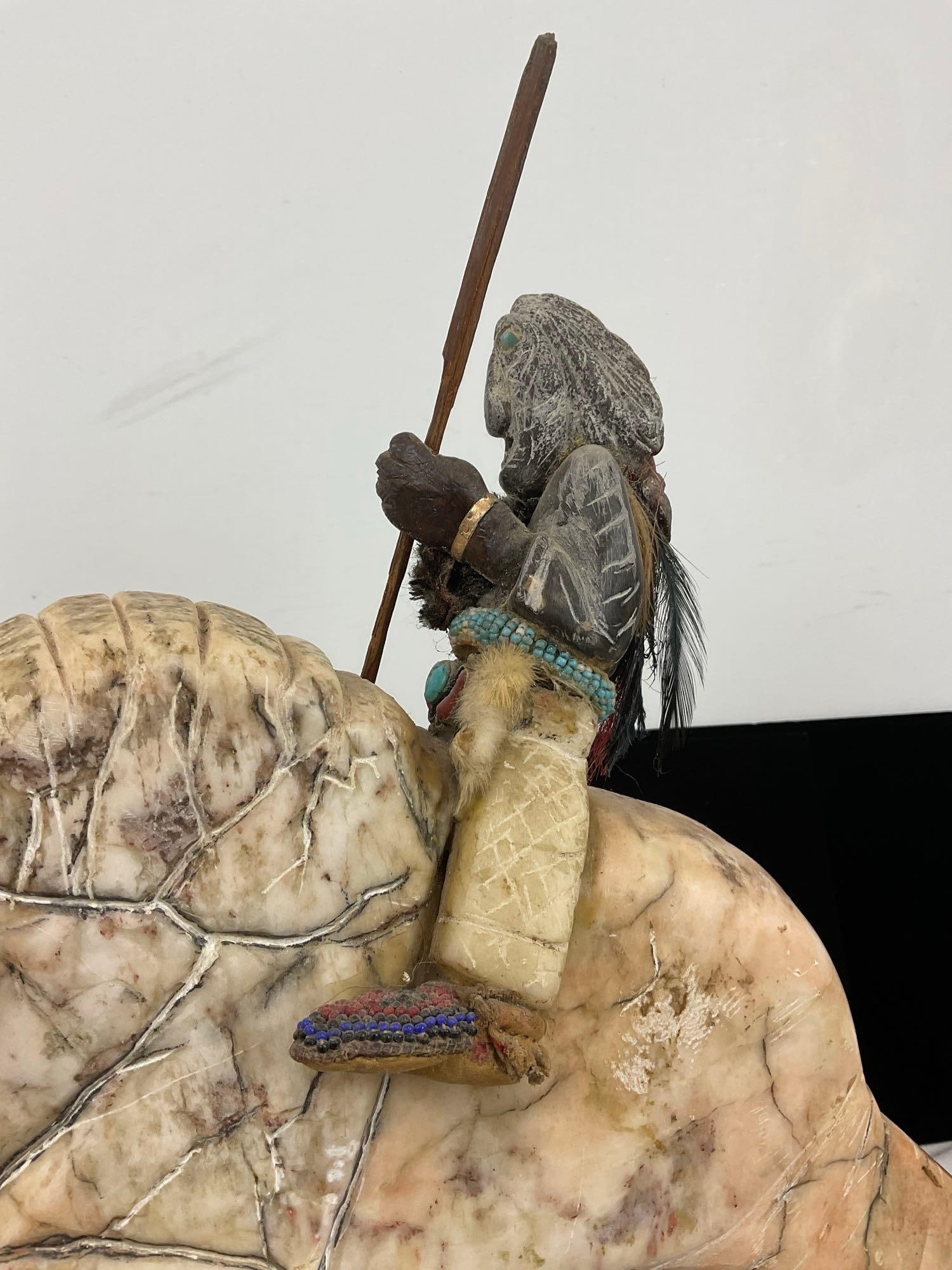 Native American Carved Alabaster ? Bison Figure w/ Rider. on Wood Slab Base, 16h x 27w x 13d inches - 3