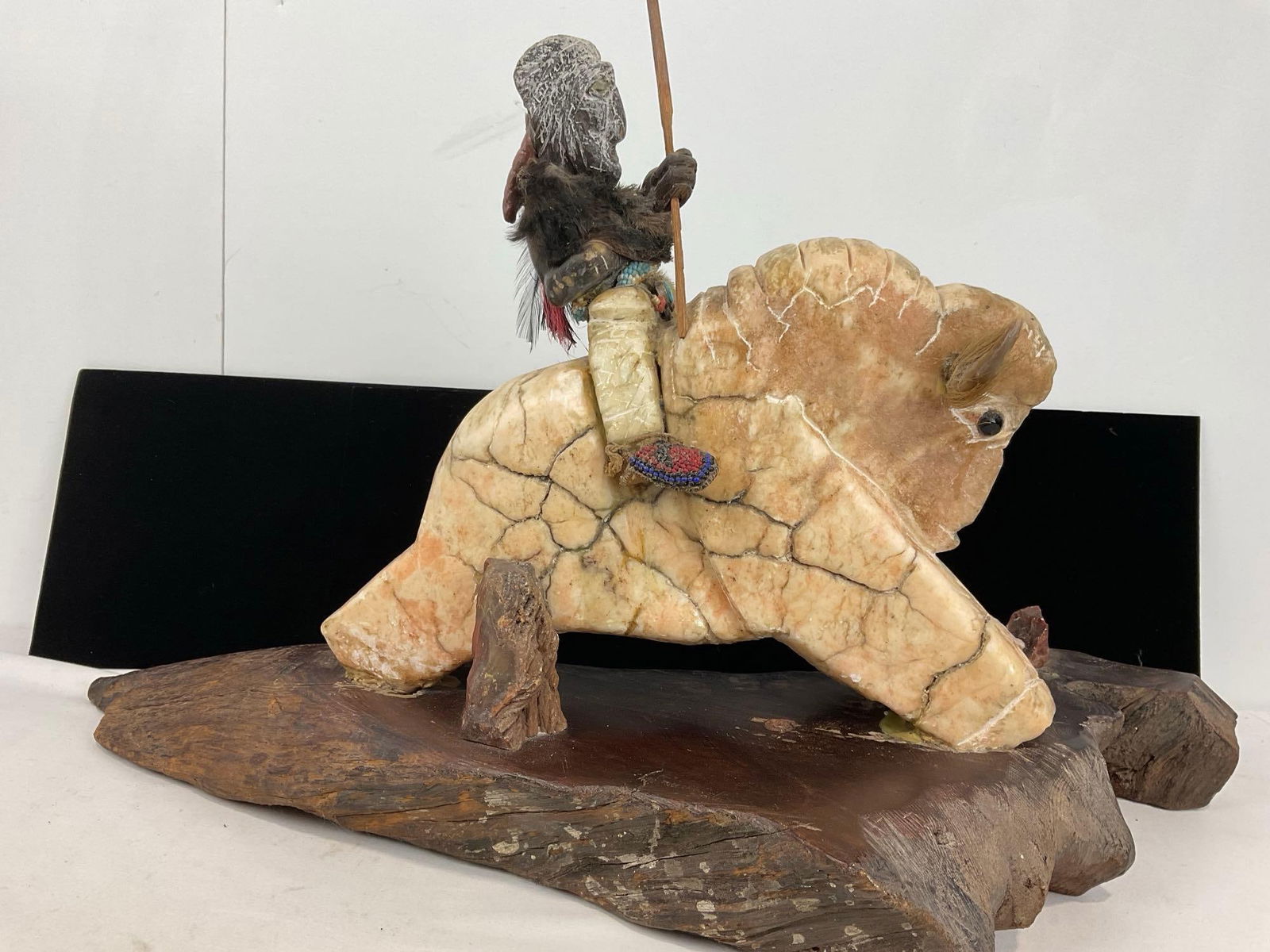 Native American Carved Alabaster ? Bison Figure w/ Rider. on Wood Slab Base, 16h x 27w x 13d inches - 4