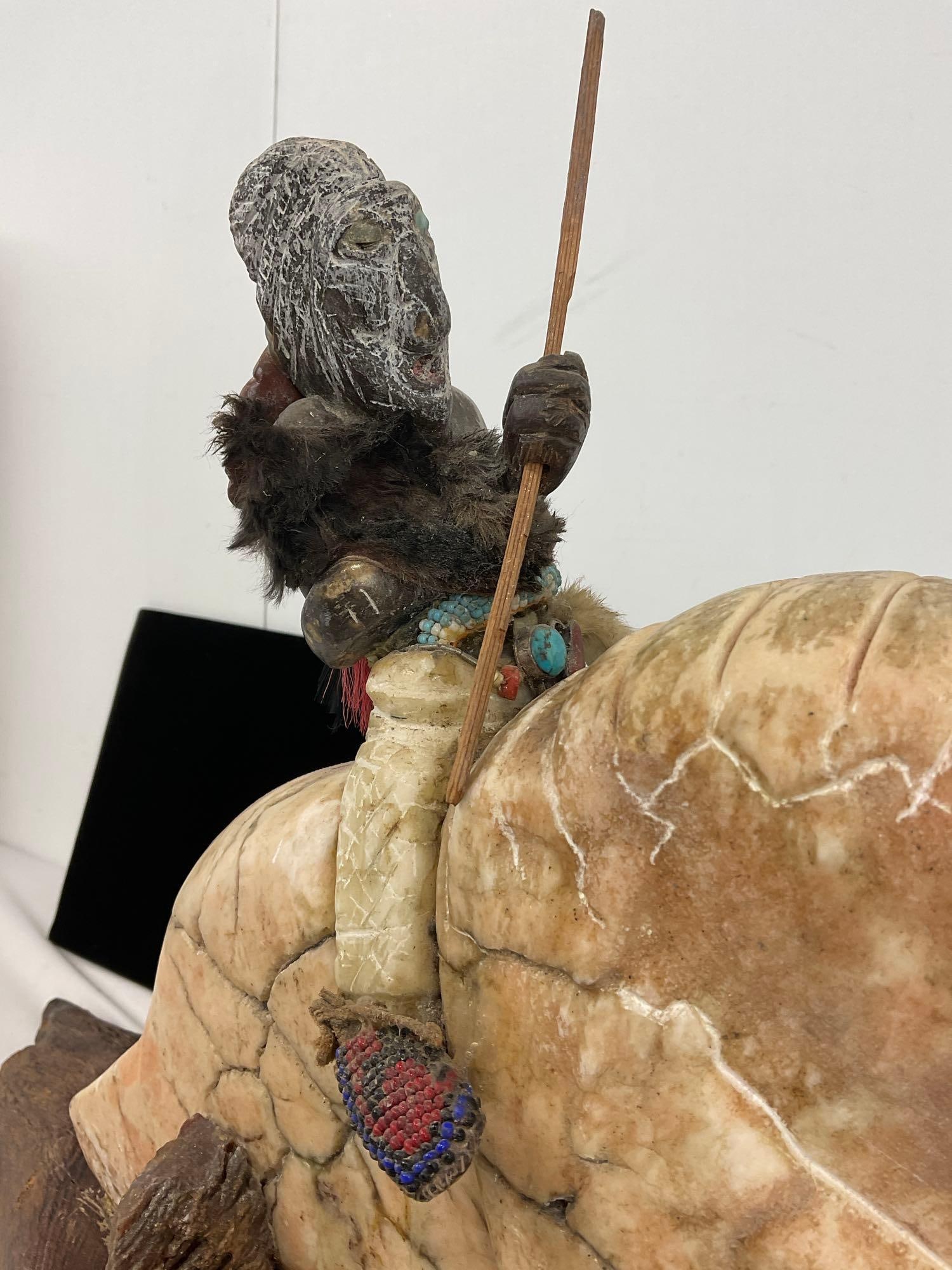 Native American Carved Alabaster ? Bison Figure w/ Rider. on Wood Slab Base, 16h x 27w x 13d inches - 5