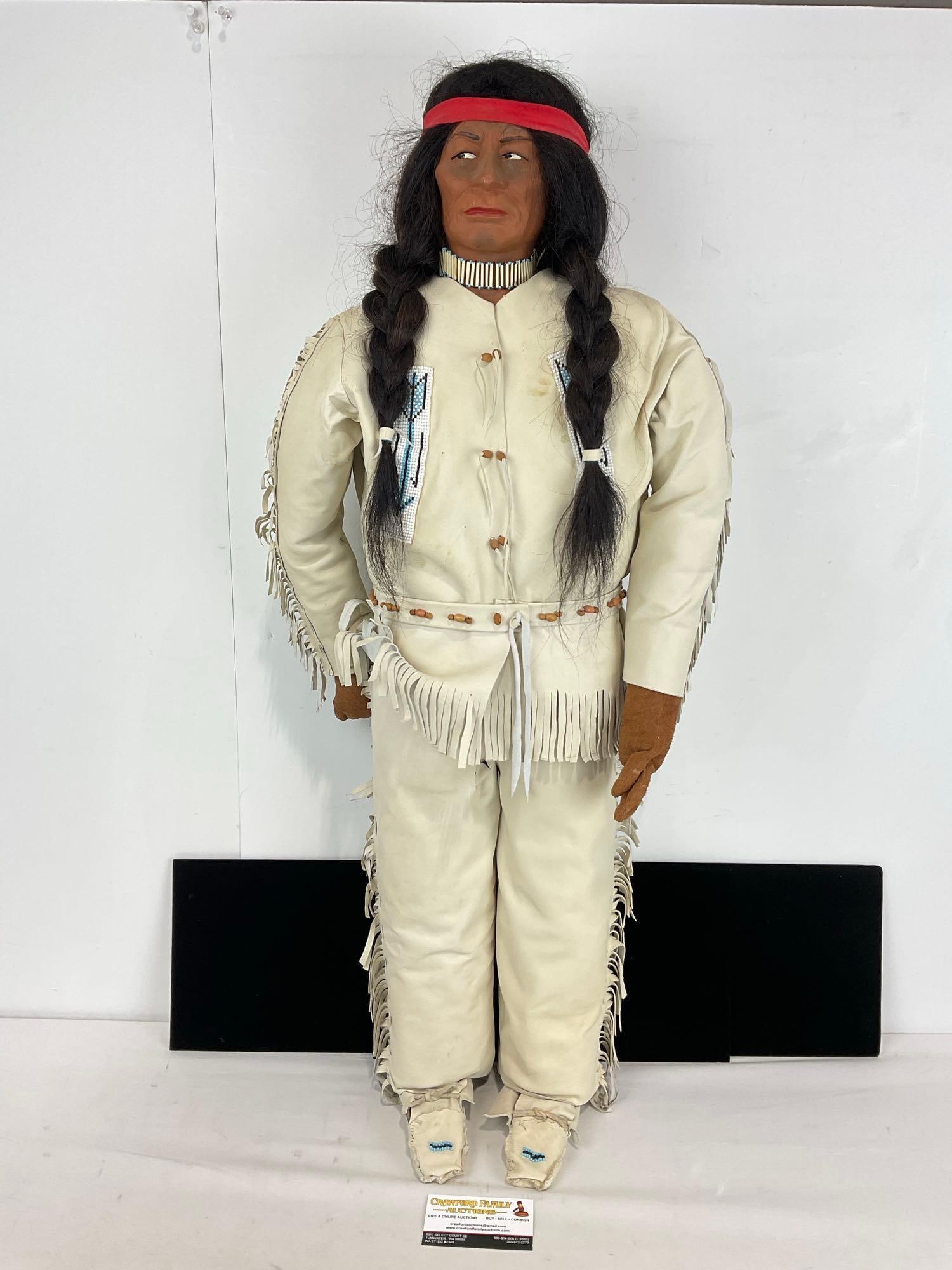 Large Native American Doll, Leather Clothes & Moccasins, w/Handbeaded panels, 37h x 15w x 10d in: Appears to be in good shape, Vintage doll most likely Navajo Native American crafted , hand beaded embellishment's , small quill necklace , hand painted cast head w/ horse hair wig, the body is straw