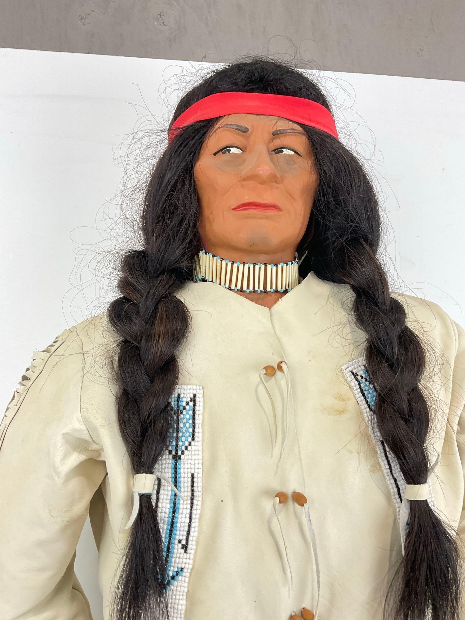 Large Native American Doll, Leather Clothes & Moccasins, w/Handbeaded panels, 37h x 15w x 10d in - 2