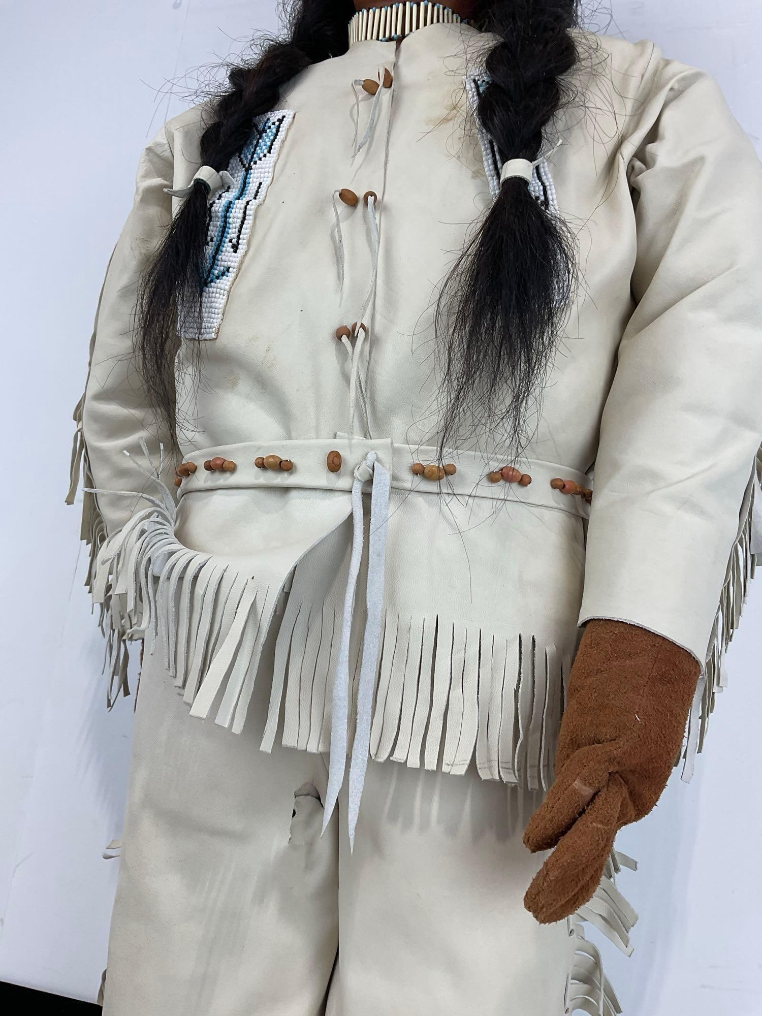 Large Native American Doll, Leather Clothes & Moccasins, w/Handbeaded panels, 37h x 15w x 10d in - 3