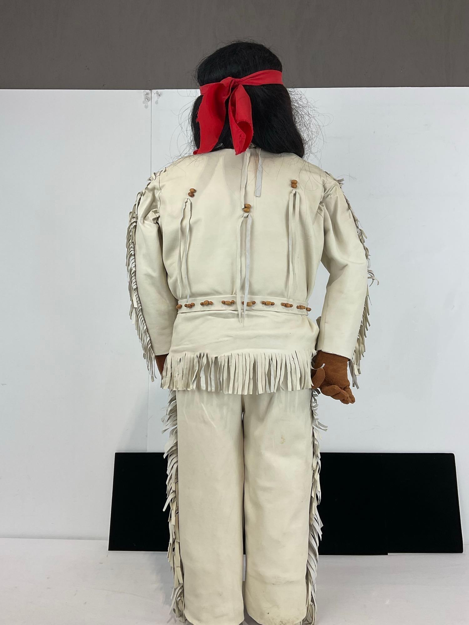 Large Native American Doll, Leather Clothes & Moccasins, w/Handbeaded panels, 37h x 15w x 10d in - 7