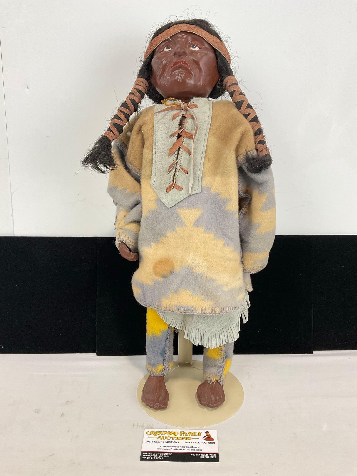 Native American Made Doll, wool Fleece dress, Leather Details, w/ Braided horse hair wig.: Looks to be a vinyl or toughened leather face on top of wood base. Marches to the last lot. Appears to be in good shape. The piece measures approx 20h x 10w x 6d inches. See pics. E-5320