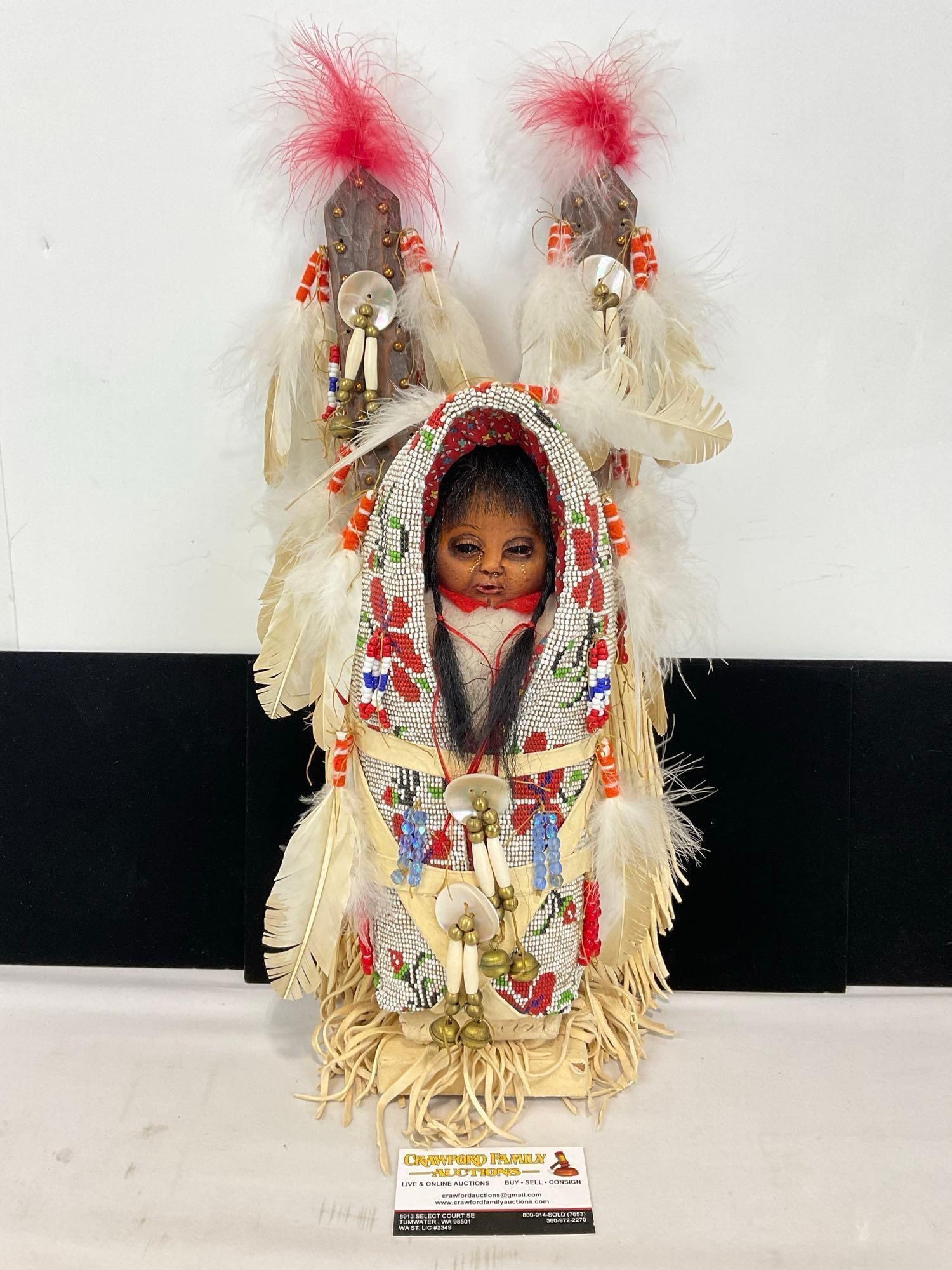Ornate Native American Papoose, Baby in Hand beaded Carrier, W/ MOP, brass & Hair Pipe Tassels: All hair is Horse or Human. Amazing Detailed bead work, Appears to be in good shape. The piece measures approx 19h x 8w x 7d inches. See pics. E-5320