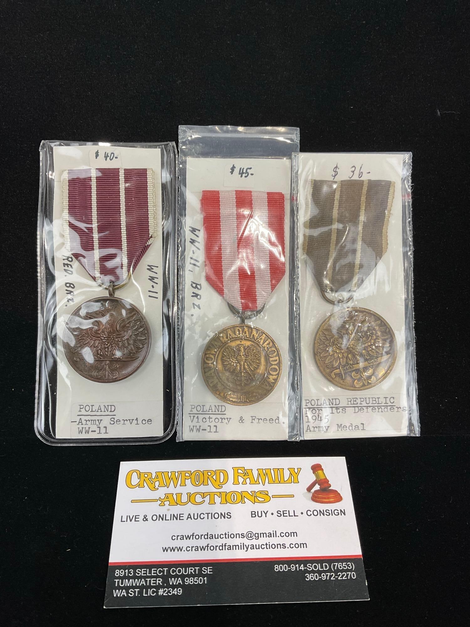 3 Polish Medals, Army Service WW2, Victory & Freedom WW2, & Fors Its Defenders 1945 Army Medal: All from a single collection, these are briefly described on the tag and were kept in a display. They measure approx 6h x 3w x 2d inches. See pics. E-5300 