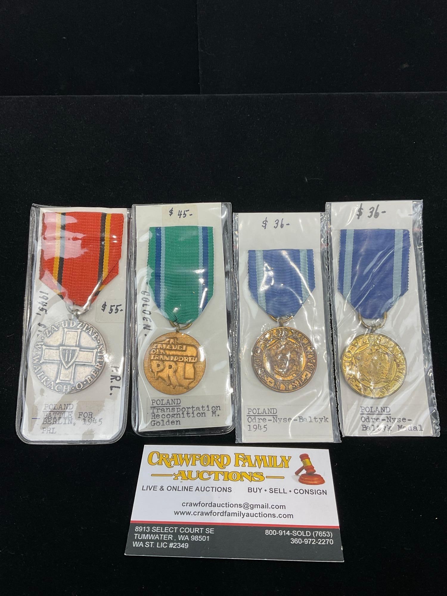 4 Polish Medals, Battle for Berlin 1945, Transpo Recog., & 2x Odre-Nyse-Baltik 1945: All from a single collection, these are briefly described on the tag and were kept in a display. They measure approx 6h x 3w x 2d inches. See pics. E-5300 