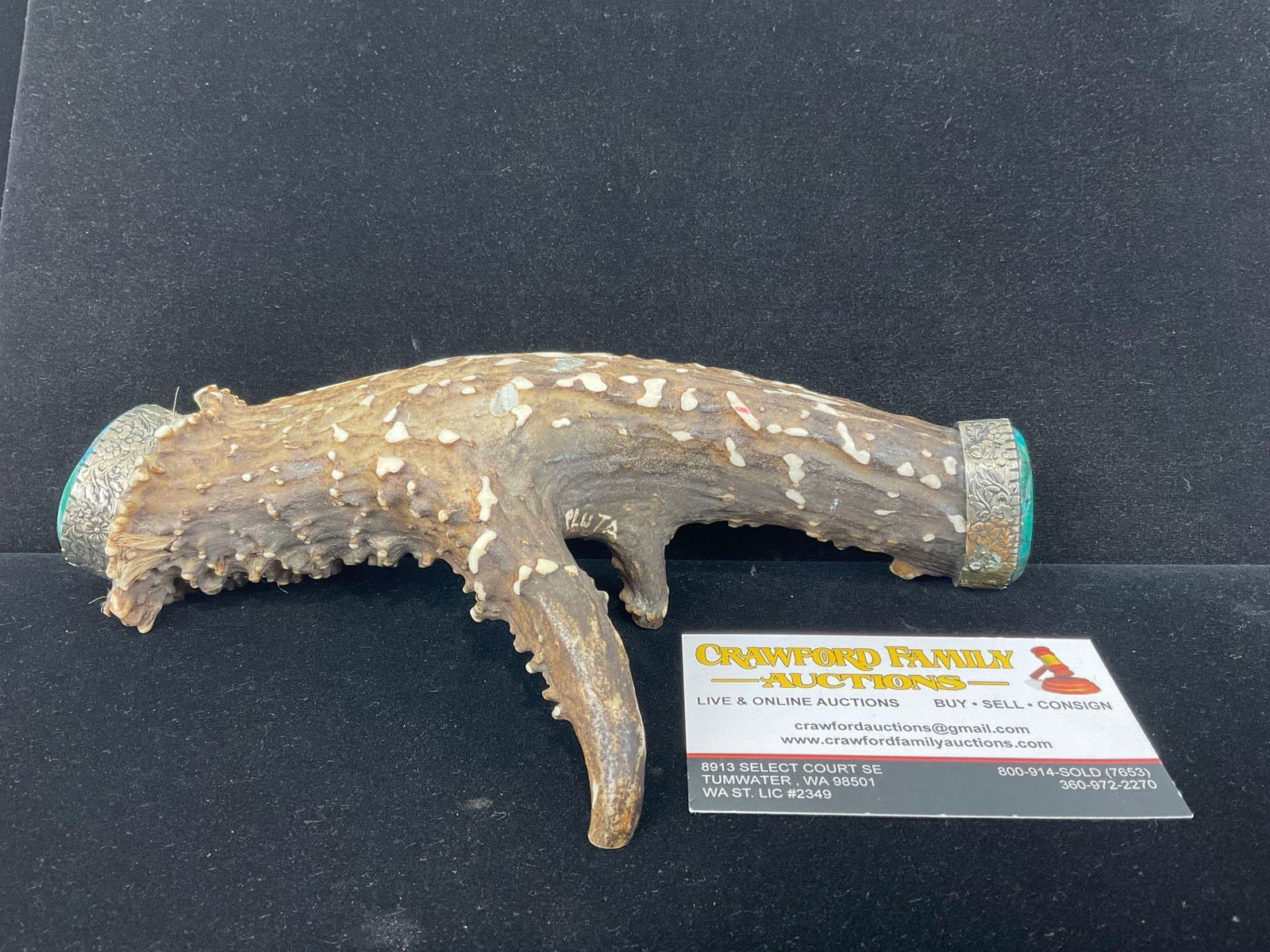 Native American Antelope Horn, Gorgeous Turquoise & Sterling Silver setting, signed Pluta, 3x10x6...: Each end is capped in sterling Silver w/ large Turquoise settings Appears to be in good shape. The piece measures approx 3h x 10w x 6d inches. See pics. E-5320 