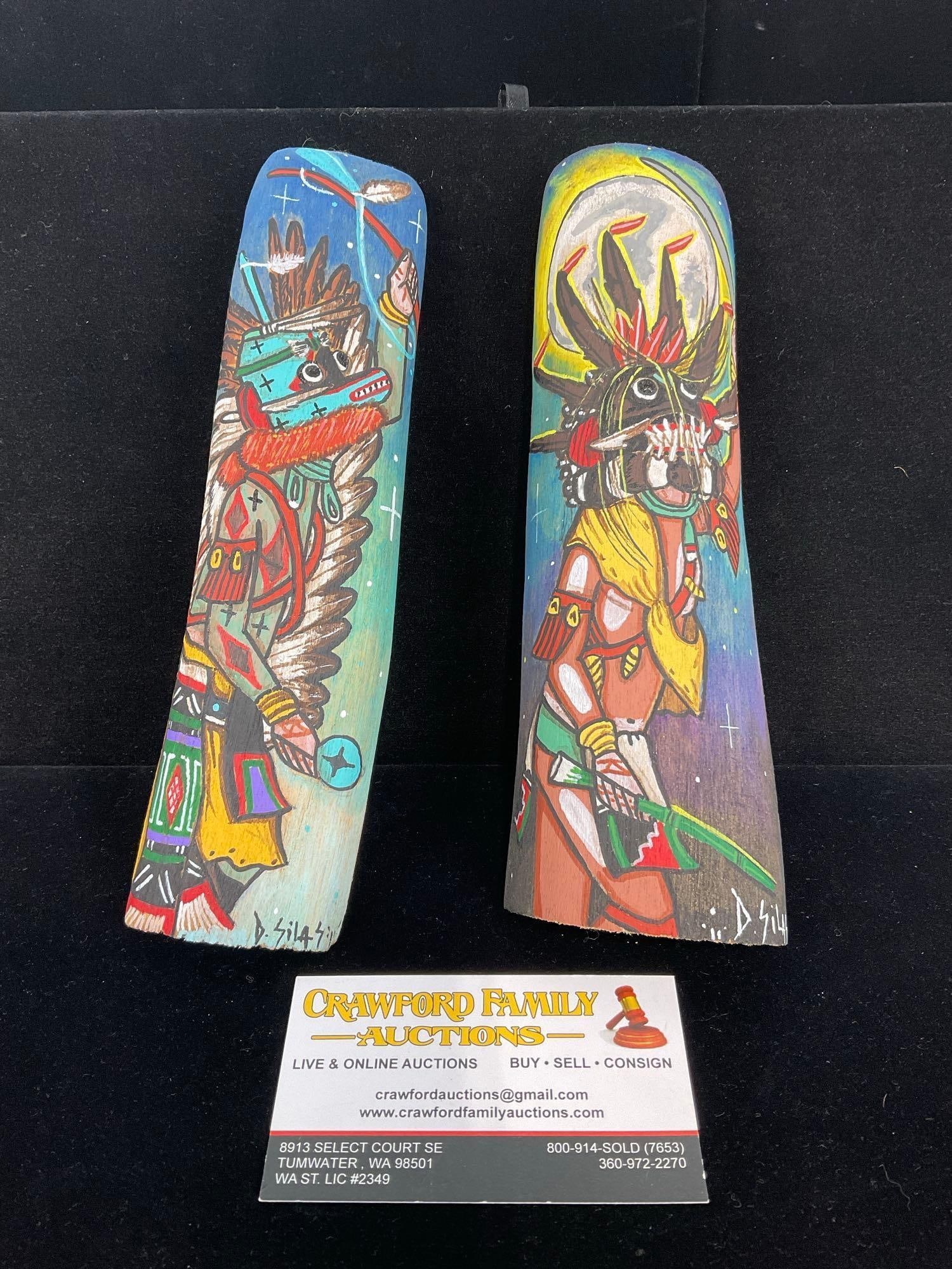 Native American Pair of Painted Wooden Pieces, signed Dickson Silas, Sichomori Village: Titled and signed on the back, Suquia Heate Blue Star & Black Oger. Appears to be in good shape. The piece measures approx 3h x 10w x 4d inches. See pics. E-5320 