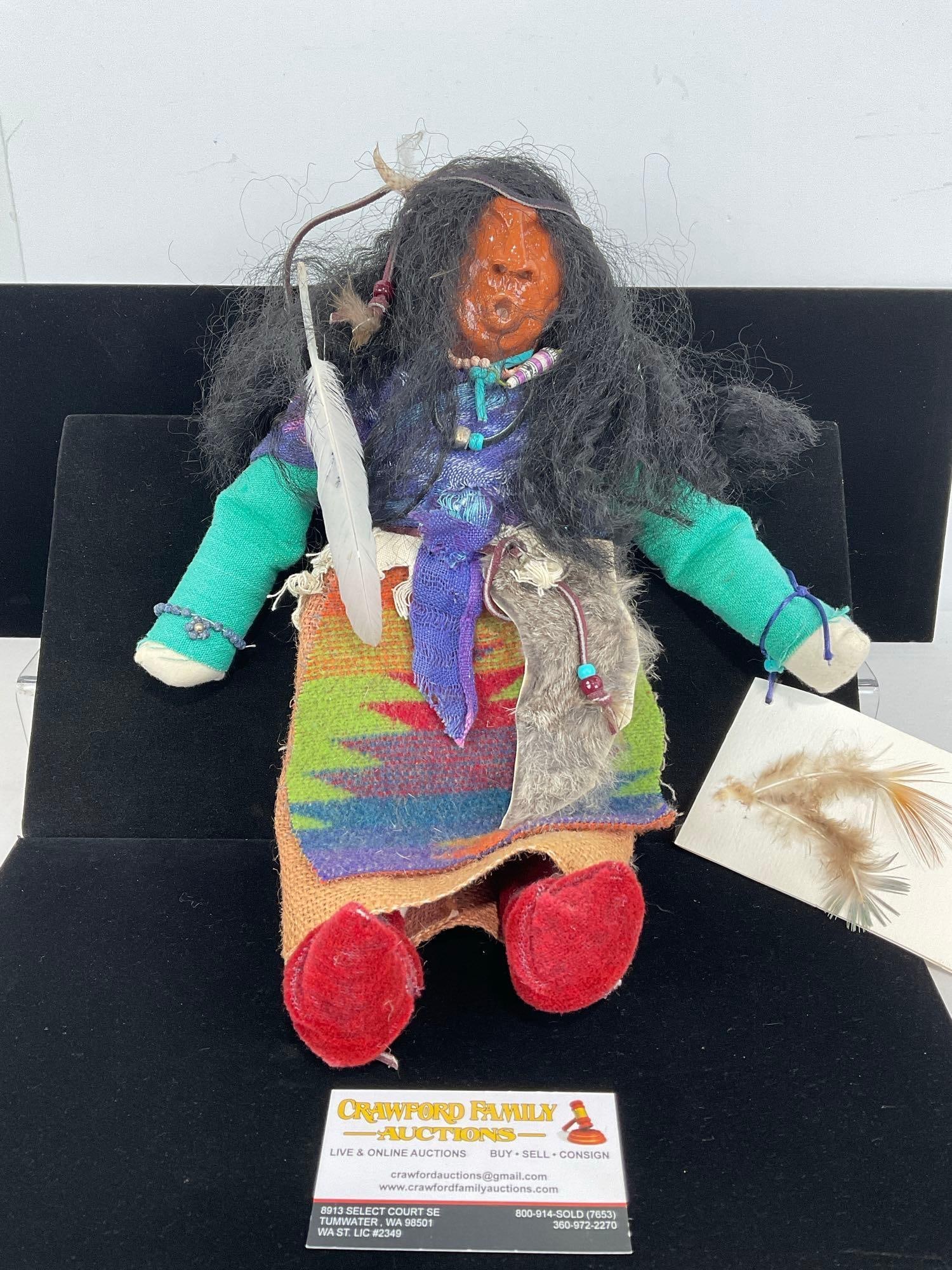 Native American Cloth Storyteller Doll by Melanie Wittmer-Steffler, Fur, Feathers, Beads, w/ Tag (1 of 5)