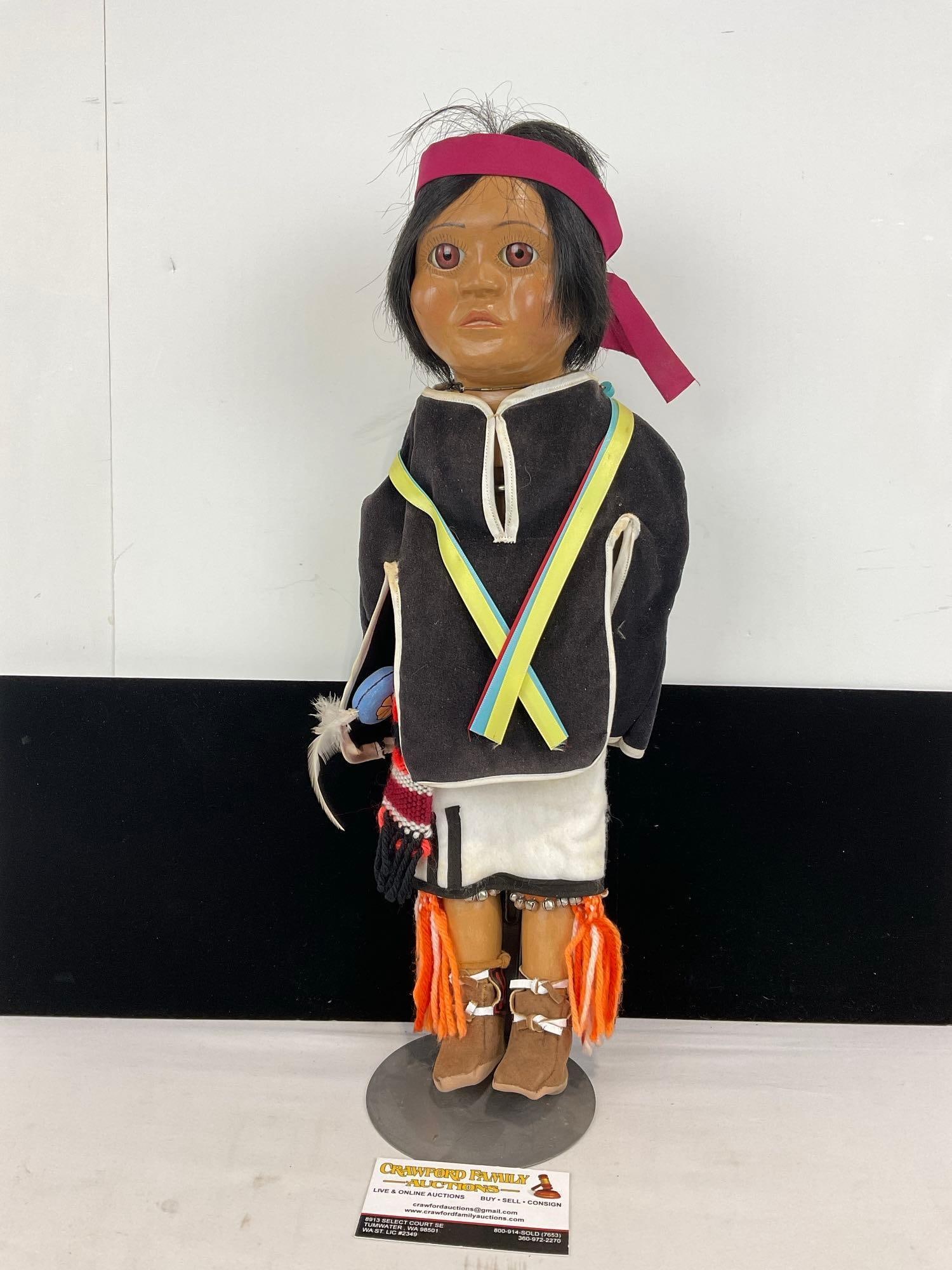 Handmade Native American Doll, Felt Poncho, w/knit scarf, leather shoes, 19x9x5 inches (1 of 5)
