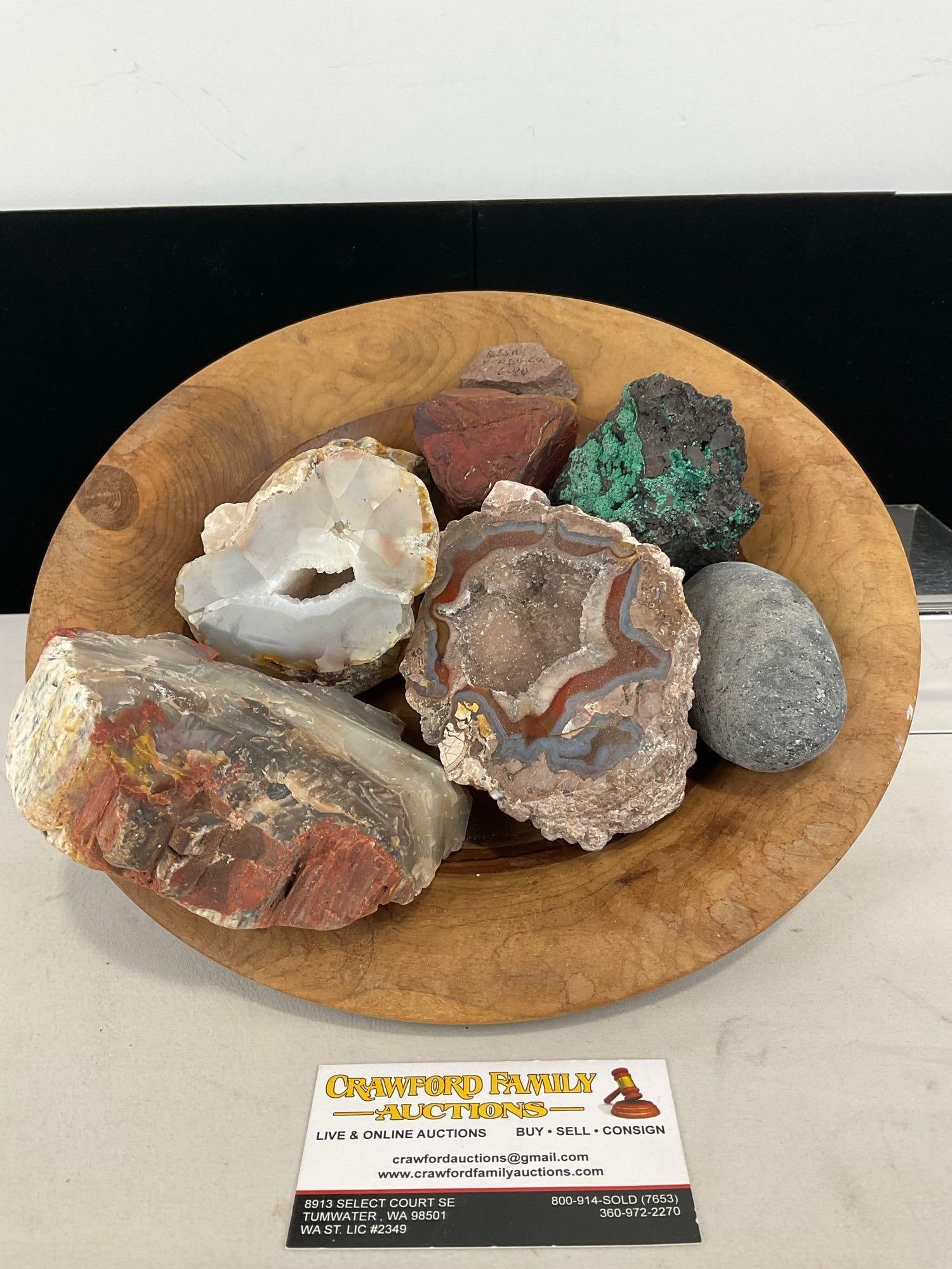 Selection of Unique Rocks & Minerals, Malachite, Agate & more in Lathe turned wooden bowl: Appears to be in good shape. The piece measures approx 5h x 12w x 12d inches. See pics. E-5320