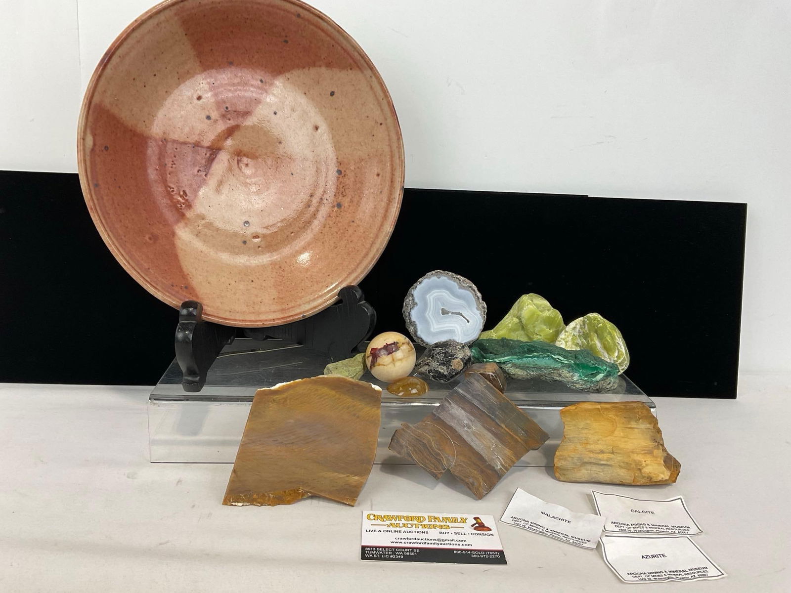 Collection of Rocks & Minerals, Azurite, Calcite, & Malachite + Pottery Plate, Signed C. Nelson: Appears to be in good shape. The piece measures approx 5h x 11w x 11d inches. See pics. E-5320