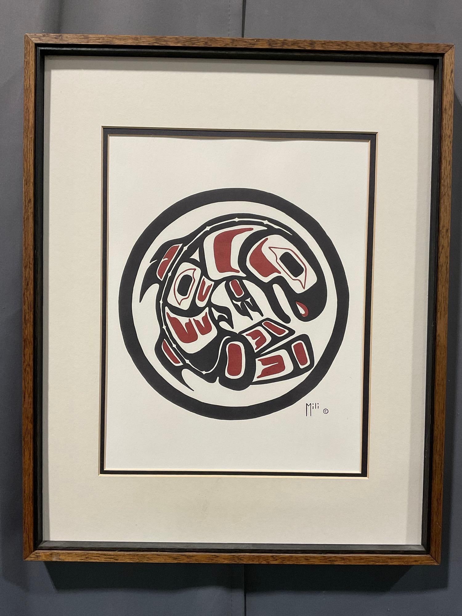 Framed Native American Painting, by Mili Johnson, 22h x 18w inches, Red/Black, Orca, Northwest st... (1 of 4)