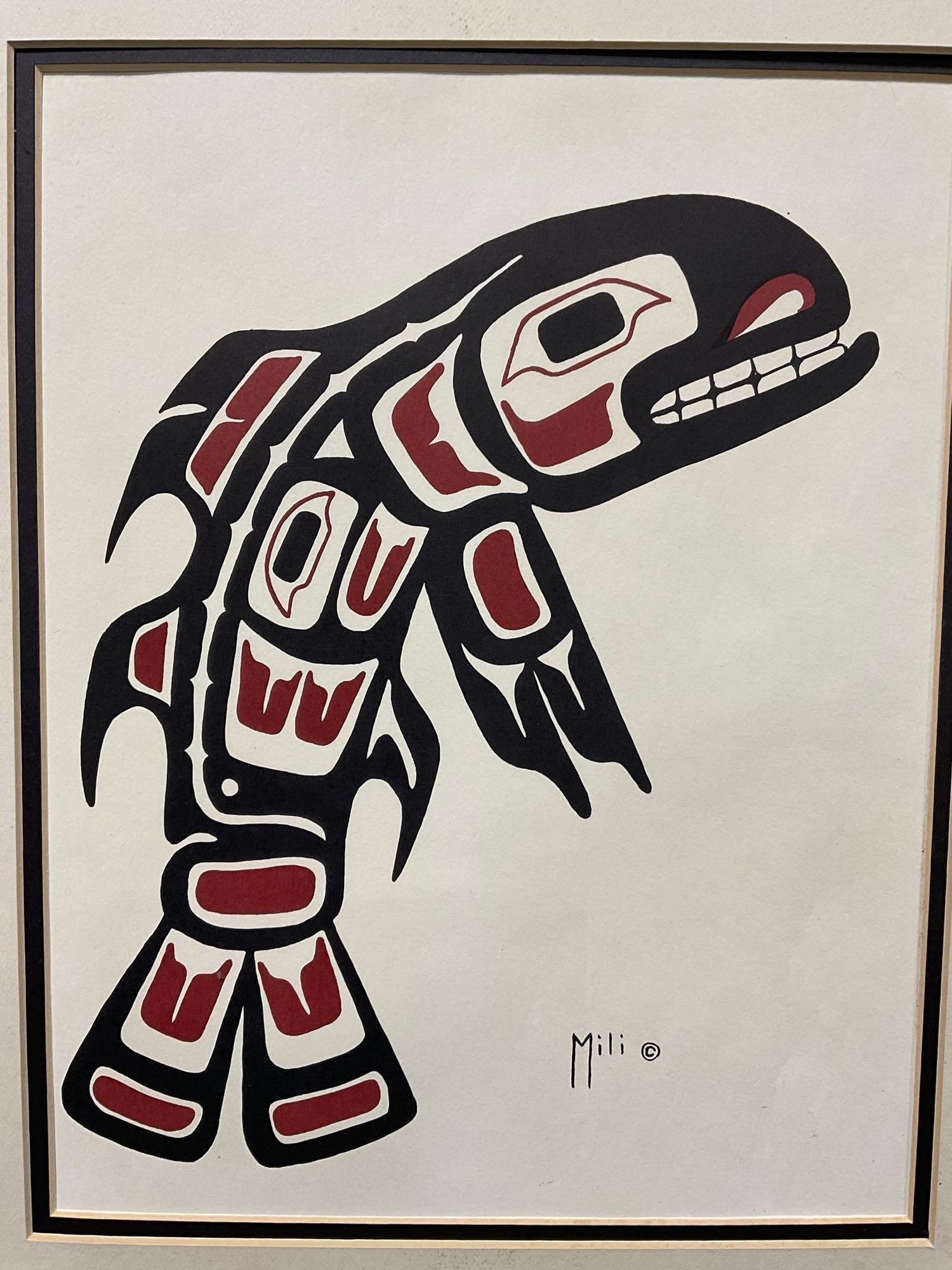 Framed Native American Painting, by Mili Johnson, 22h x 18w in, Red/Black, Dogfish, Northwest style - 2