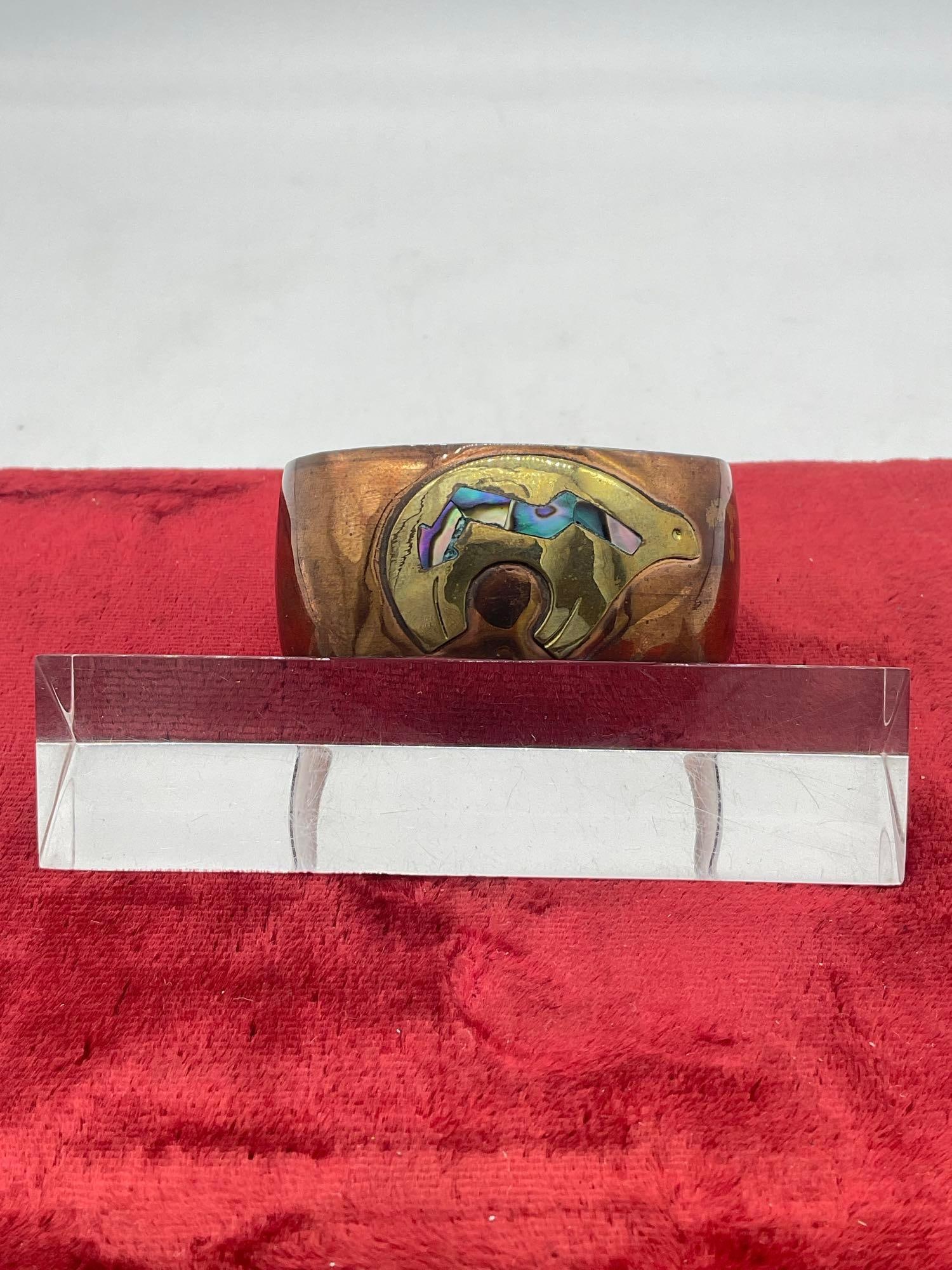 Native American Copper Cuff Bracelet Featuring A bear w/ MOP inlay: c-414 