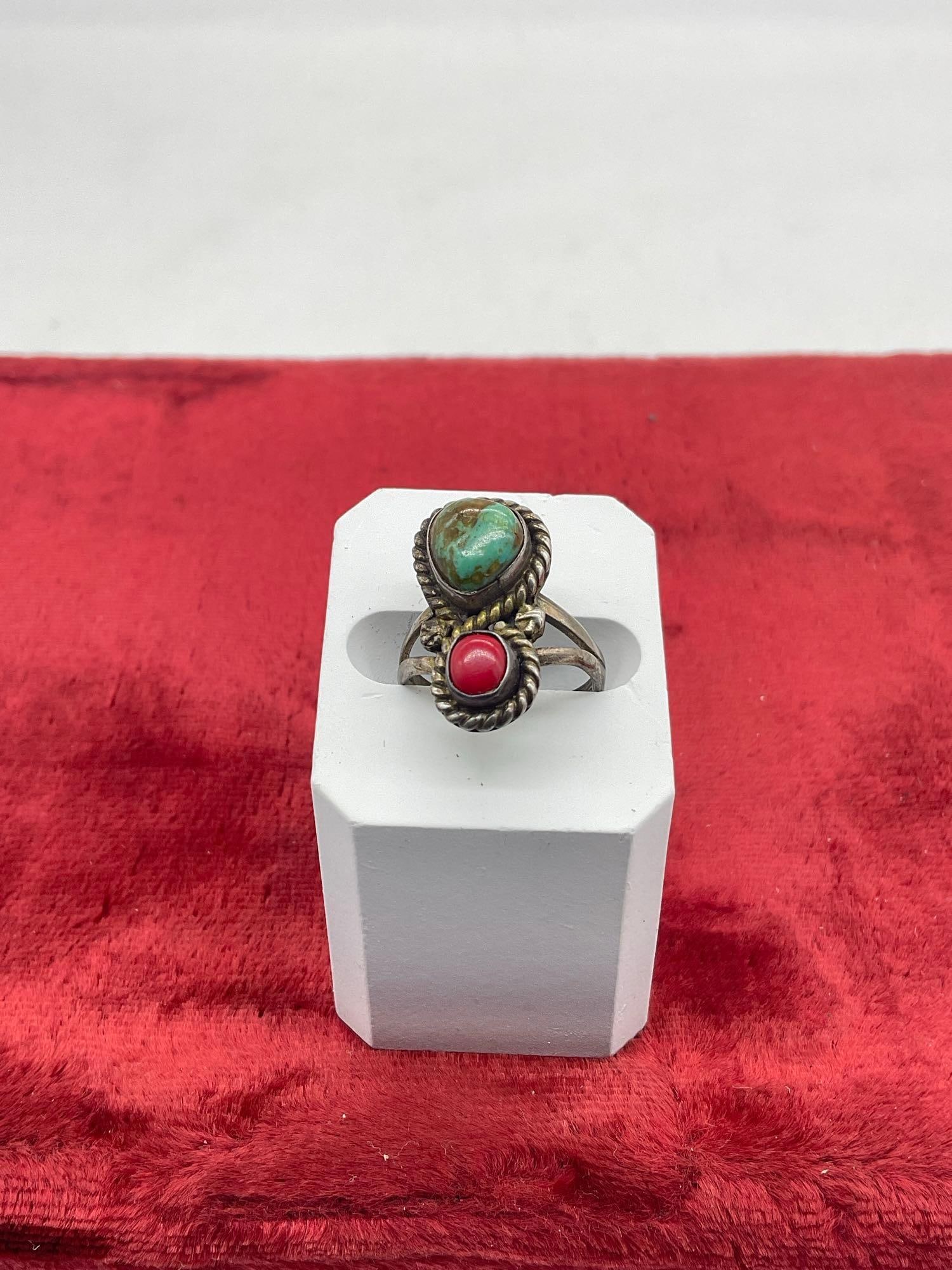 Vintage Native American Most Likely Navajo Old Pawn Sterling Ring featuring Turquoise & Coral: C-414 Test positive for Sterling sz 6 