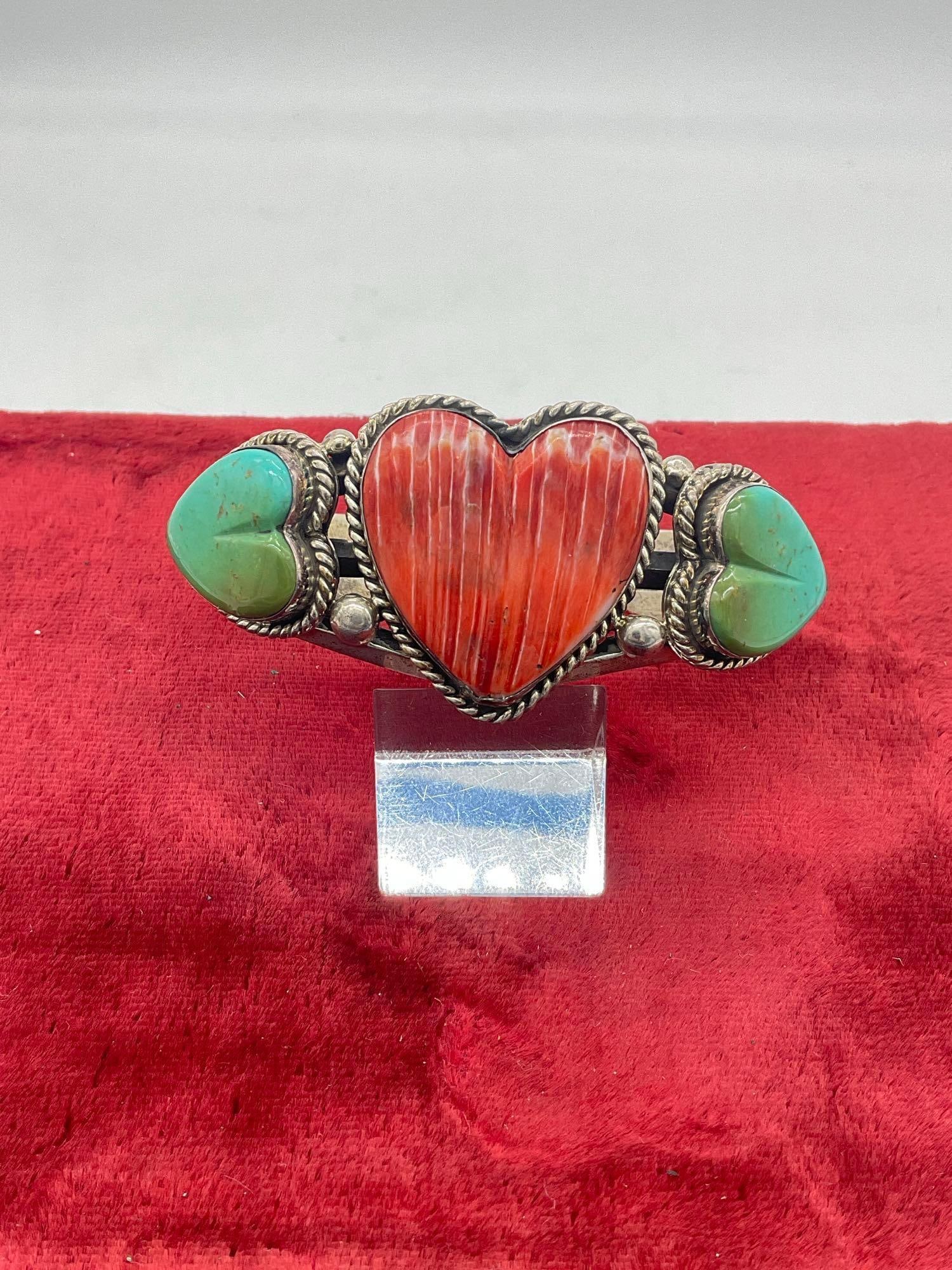 Vintage Navajo Sterling Silver Bracelet w/ Turquoise & Spiny Oyster Hearts signed Tommy: C-5320 60.93 grams 2 1/4 " Width 