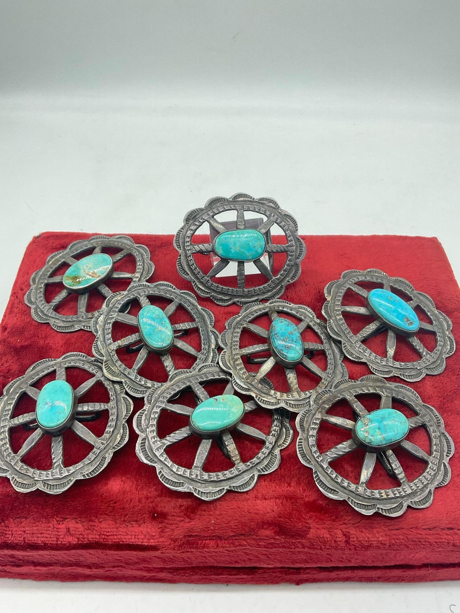 8 x Vintage Navajo Hand Crafted Old pawn Cast Sterling & Turquoise concho's & buckle: c-5320 approx 245 grams ttw each concho is approx 2.5" x 2 1/4 " tested Sterling
