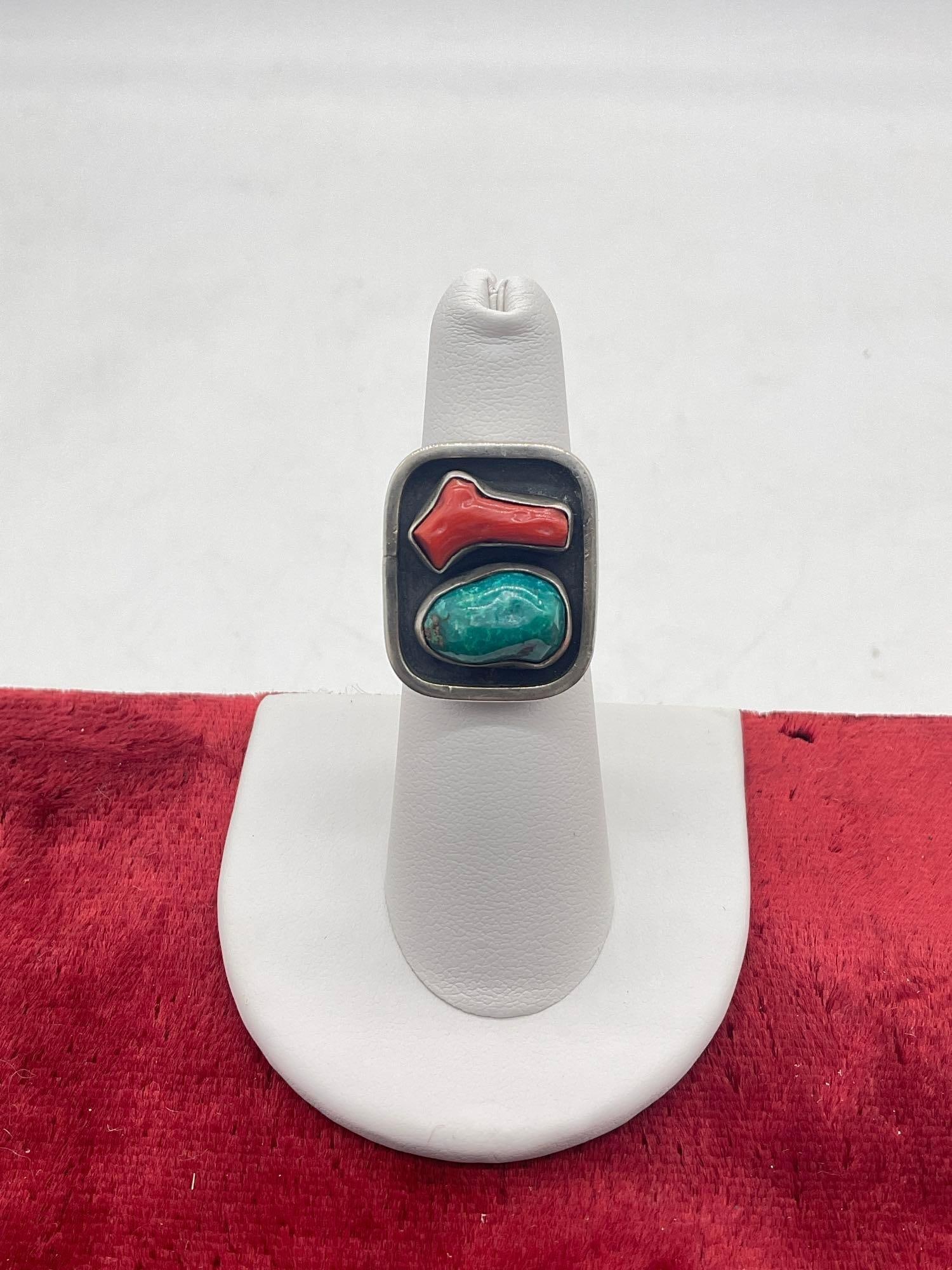Vintage Navajo Old pawn Sterling silver , Turquoise & Coral ring size 6: c-5320 