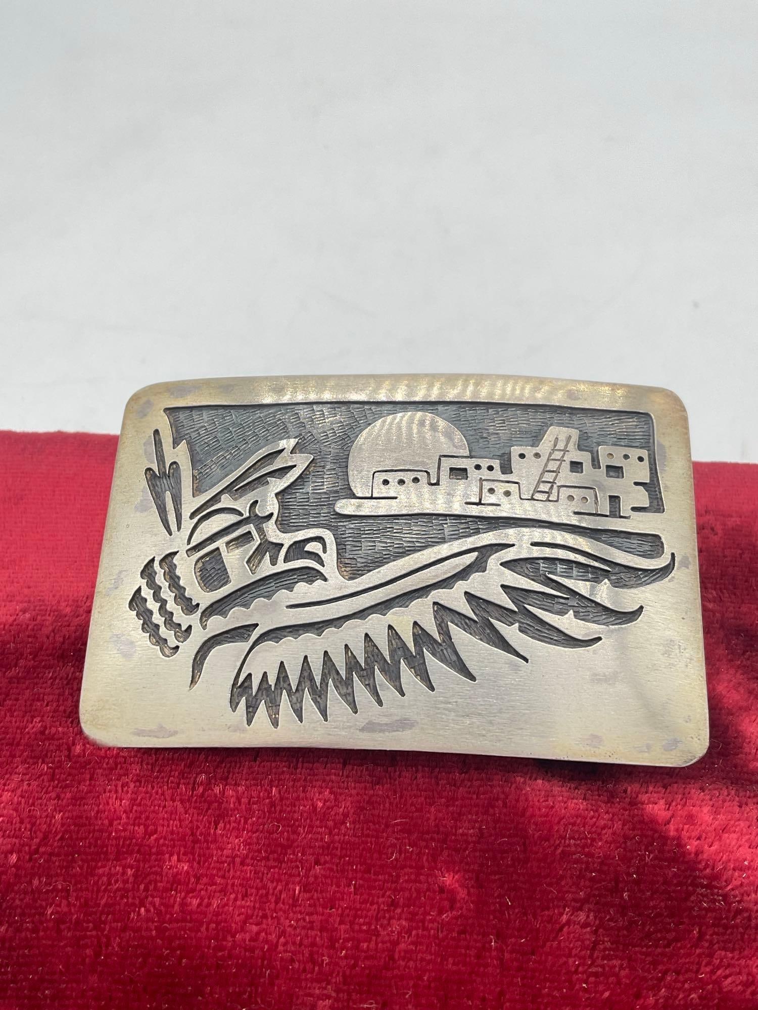Vintage Signed Hopi / Navajo? Sterling Silver Belt Buckle Featuring an Eagle & Pueblo (1 of 3)