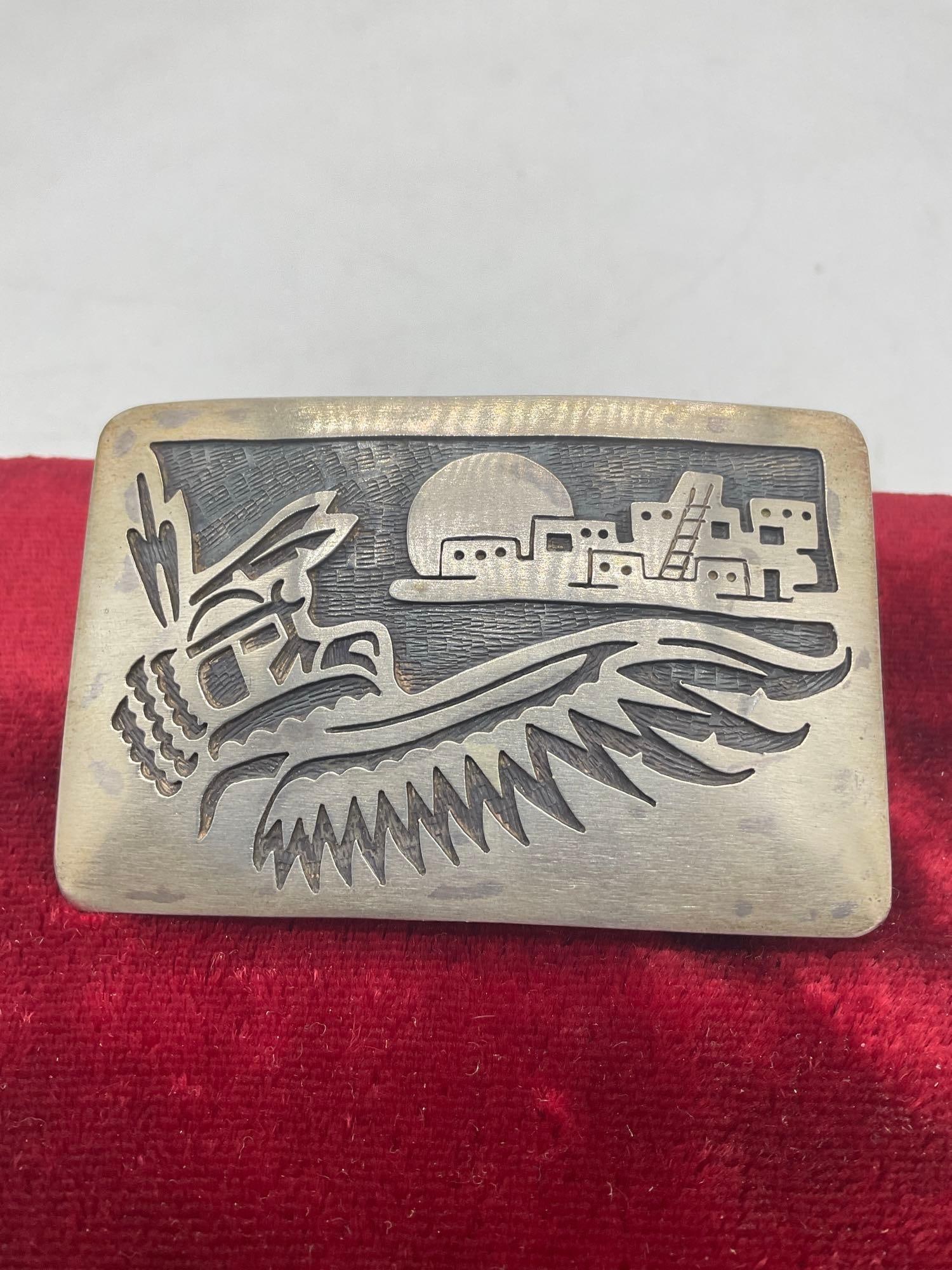 Vintage Signed Hopi / Navajo? Sterling Silver Belt Buckle Featuring an Eagle & Pueblo - 2