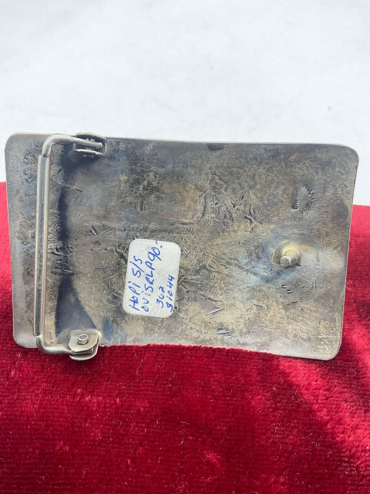 Vintage Signed Hopi / Navajo? Sterling Silver Belt Buckle Featuring an Eagle & Pueblo - 3